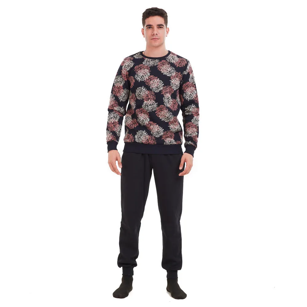 Men Winter Pajama Set Black with cashmere leaves  Shirt   Black Pants