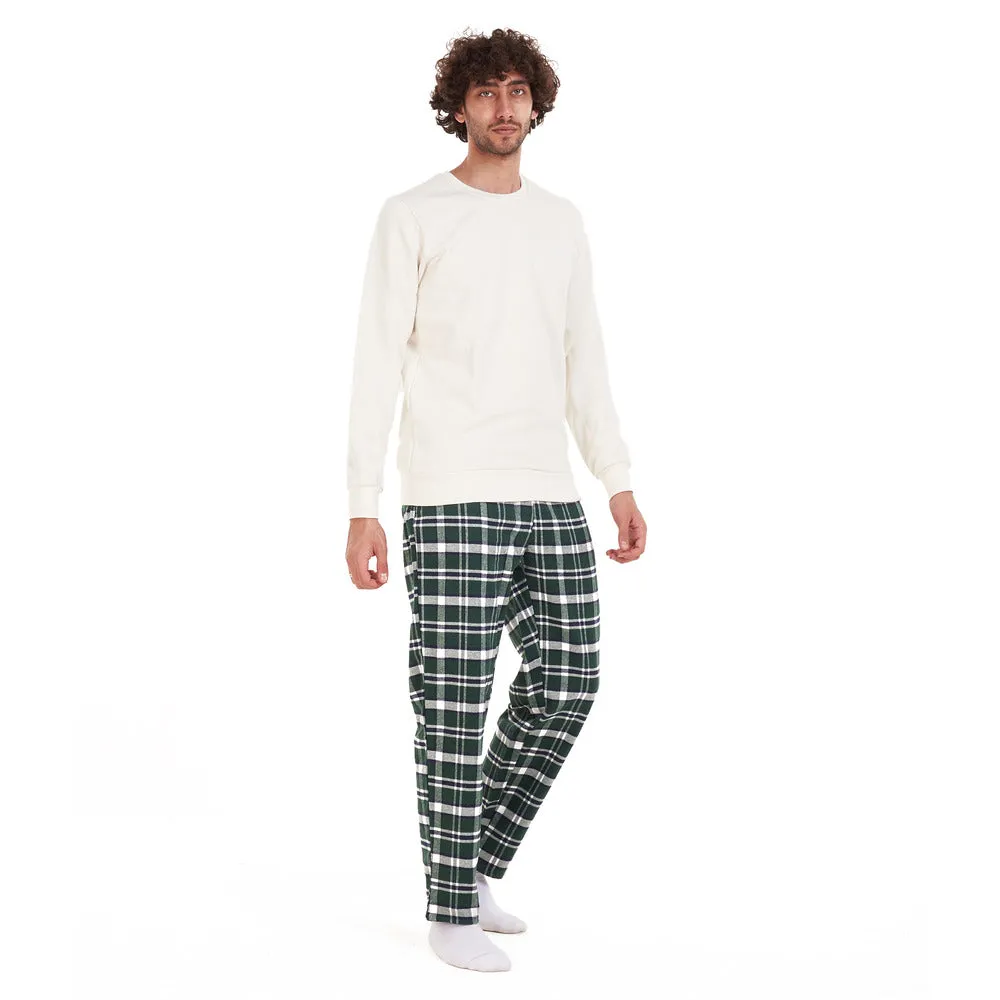 Men Winter Pajama Set Off-White Shirt   Dark Green Checkered Pants