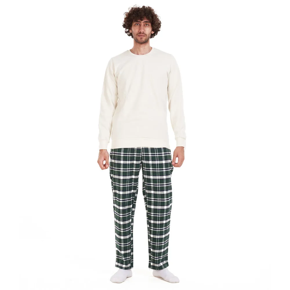 Men Winter Pajama Set Off-White Shirt   Dark Green Checkered Pants