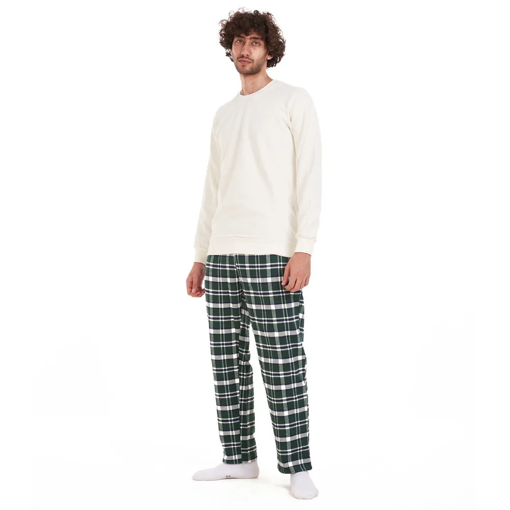 Men Winter Pajama Set Off-White Shirt   Dark Green Checkered Pants