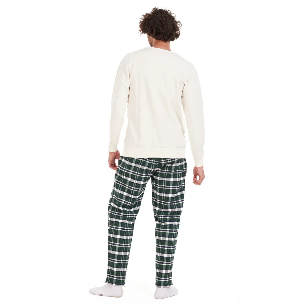 Men Winter Pajama Set Off-White Shirt   Dark Green Checkered Pants