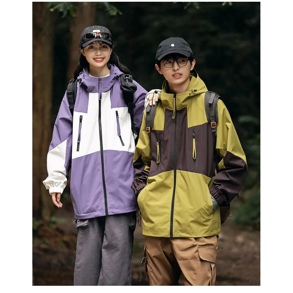 Patchwork Outdoor Windproof Raincoat Hooded Jacket