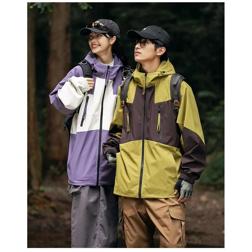 Patchwork Outdoor Windproof Raincoat Hooded Jacket