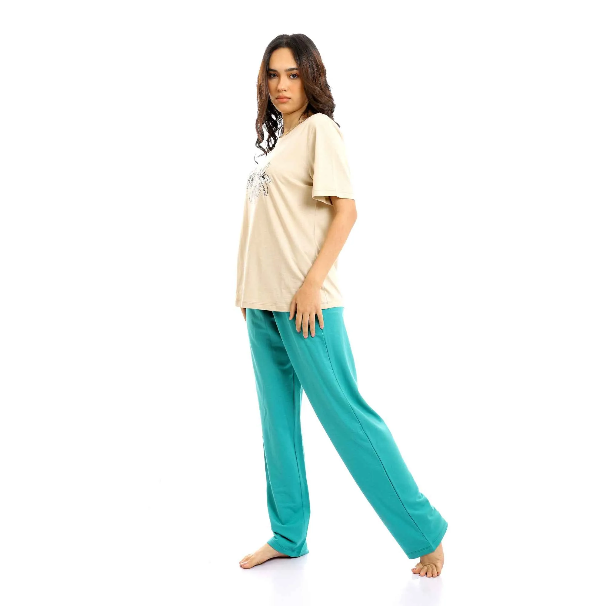 Printed Desire Beige Tee & Tiffany Pants Pajama Set