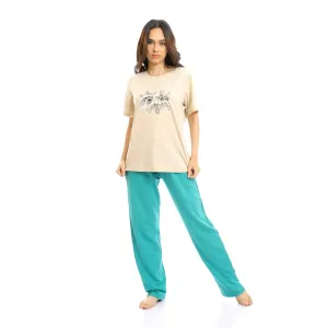 Printed Desire Beige Tee & Tiffany Pants Pajama Set