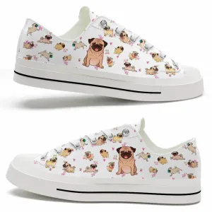 Pug Cute Hearts Flowers Pattern Low Top Shoes - Happy International Dog Day Canvas Sneaker, Dog Printed Shoes, Canvas Shoes For Men, Women