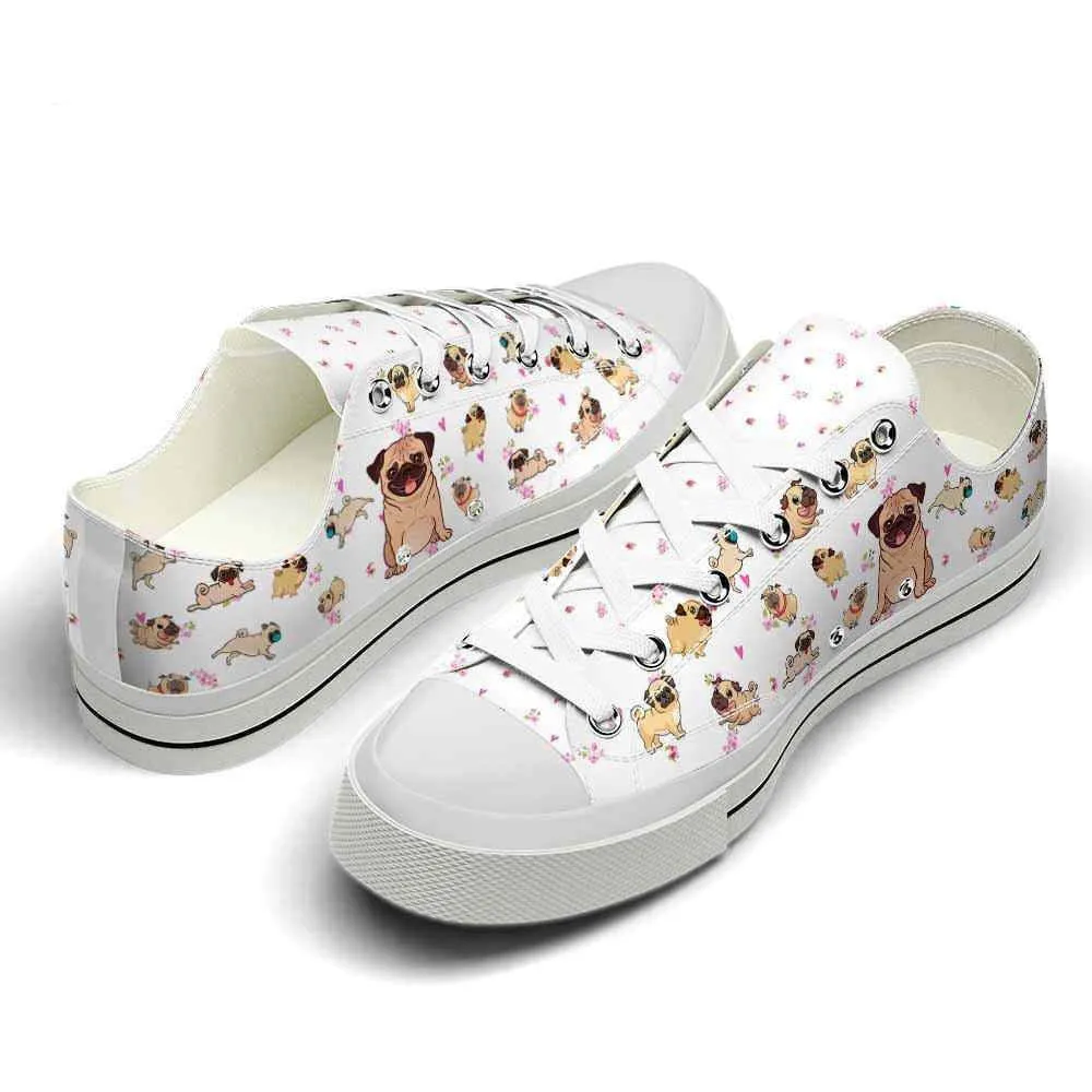 Pug Cute Hearts Flowers Pattern Low Top Shoes - Happy International Dog Day Canvas Sneaker, Dog Printed Shoes, Canvas Shoes For Men, Women