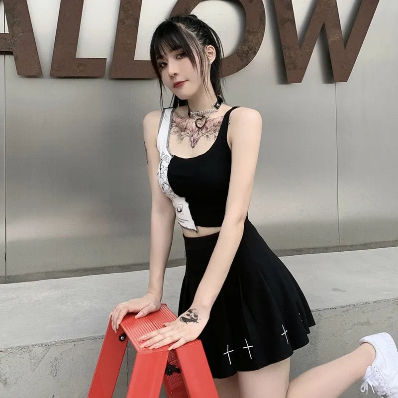 Punk Style Patchwork Tank Tops Aesthetic Letter And Graphic Print Women Crop Top Color Blocking Sleeveless Streetwear