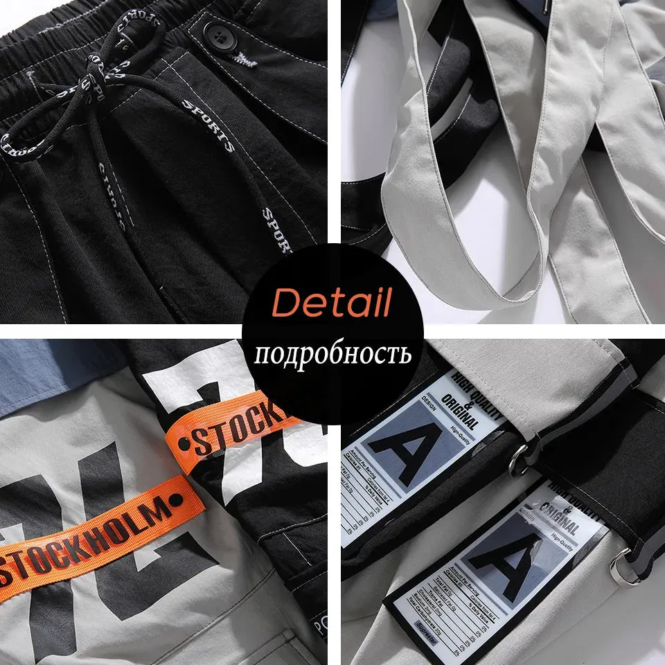 Ribbons Multi Pockets Cargo Harajuku Casual Joggers Track Streetwear Trouser Hip Hop Harem Pants Techwear Men LJ201221