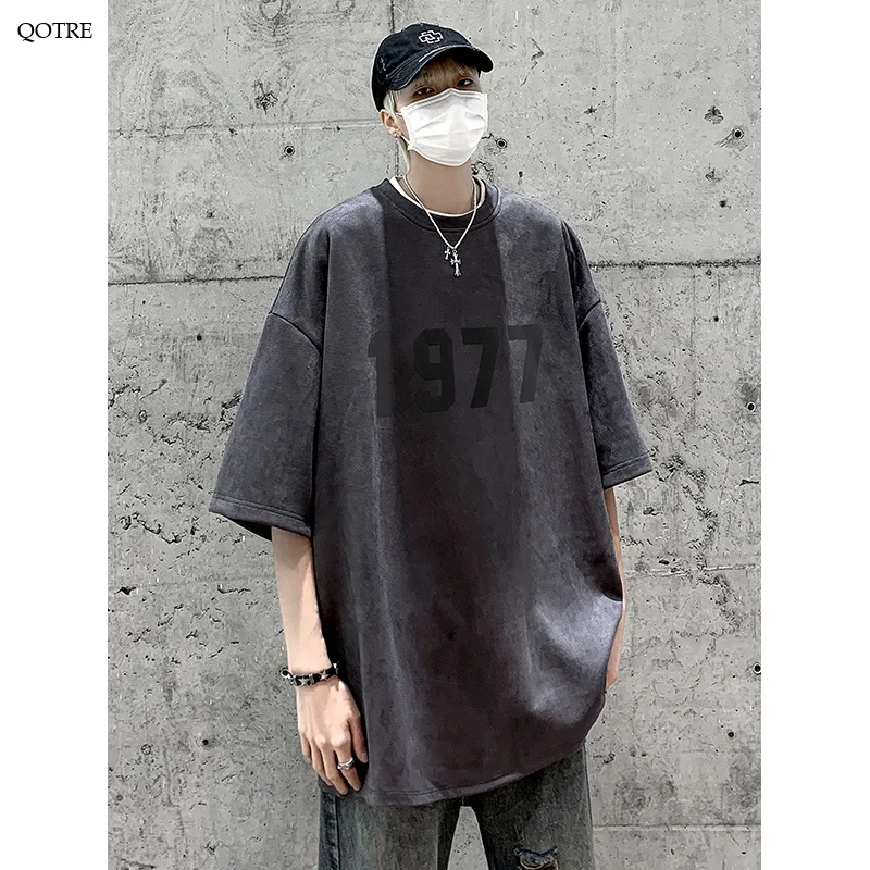 Round Neck Suede Drop Shoulder Numeric Print Short Sleeve Tee