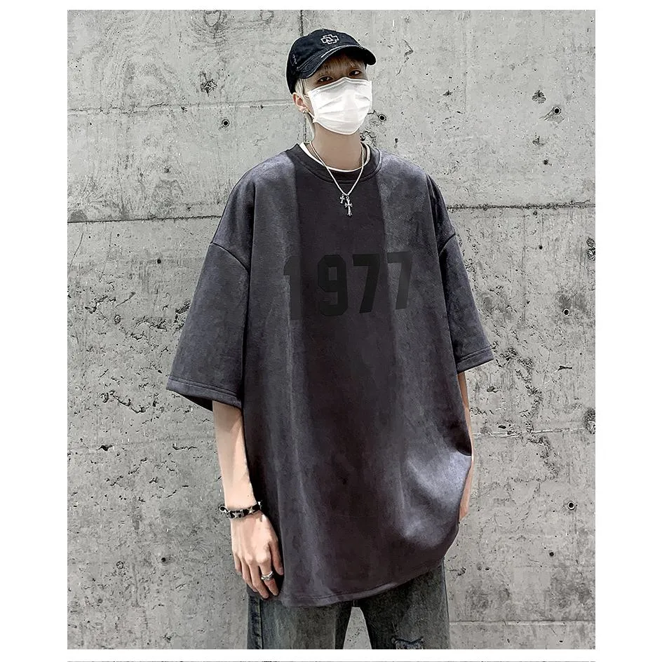 Round Neck Suede Drop Shoulder Numeric Print Short Sleeve Tee