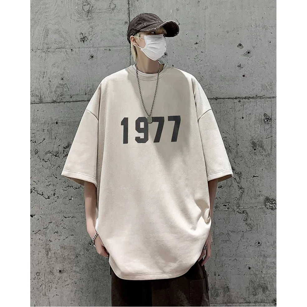 Round Neck Suede Drop Shoulder Numeric Print Short Sleeve Tee