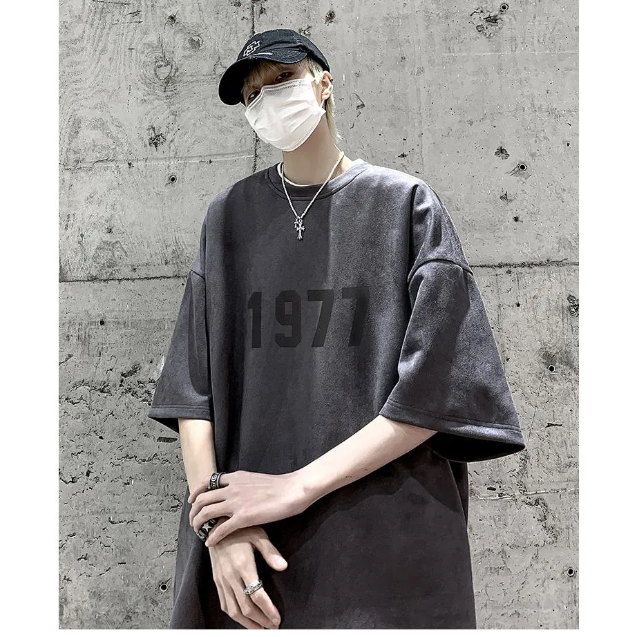 Round Neck Suede Drop Shoulder Numeric Print Short Sleeve Tee