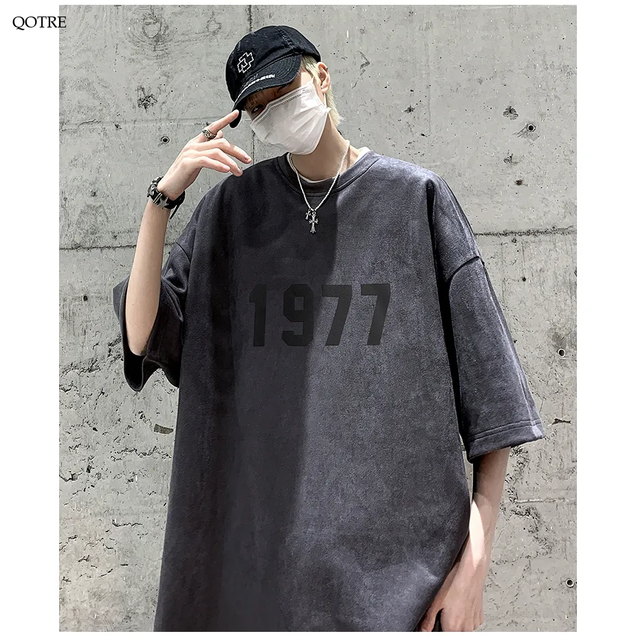 Round Neck Suede Drop Shoulder Numeric Print Short Sleeve Tee