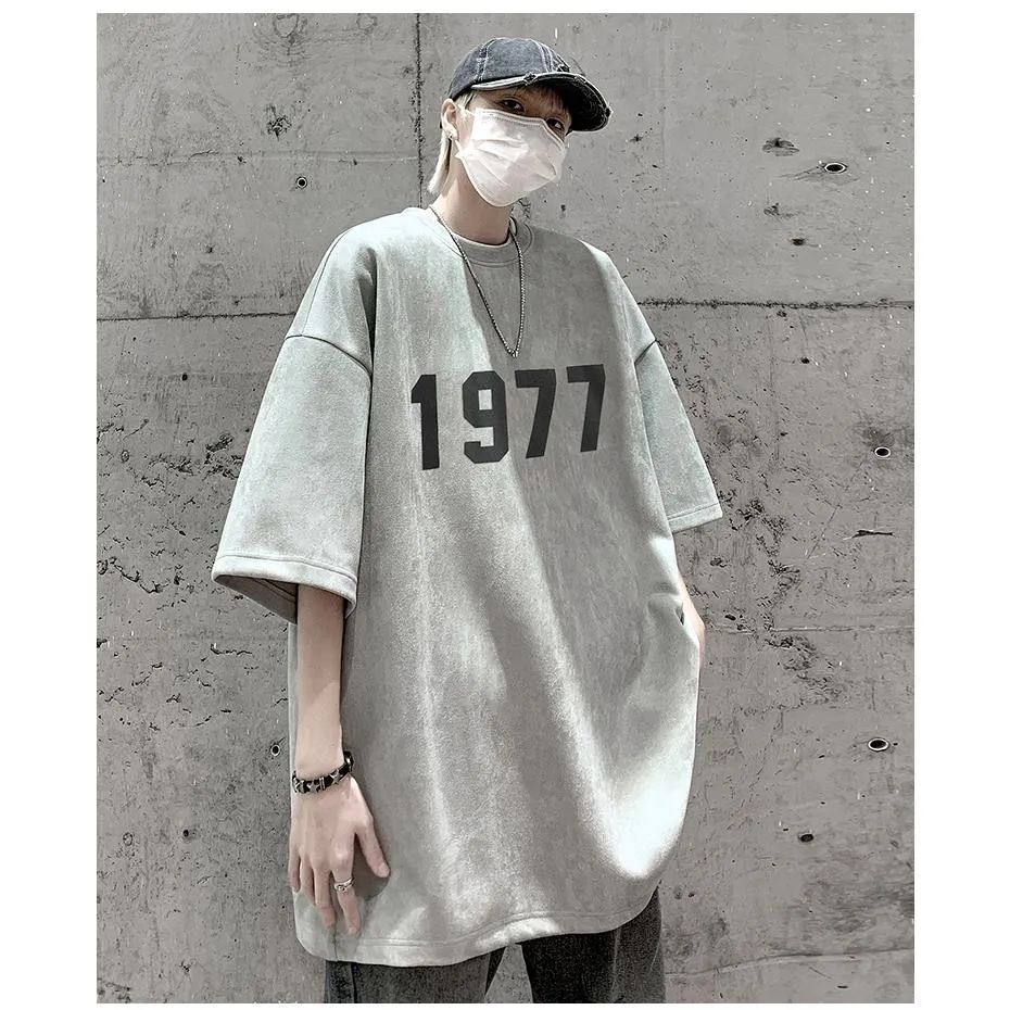 Round Neck Suede Drop Shoulder Numeric Print Short Sleeve Tee