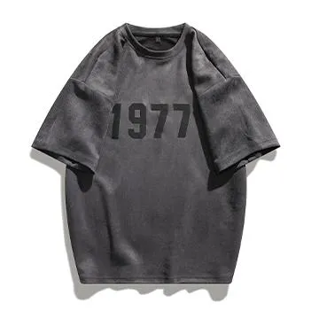 Round Neck Suede Drop Shoulder Numeric Print Short Sleeve Tee