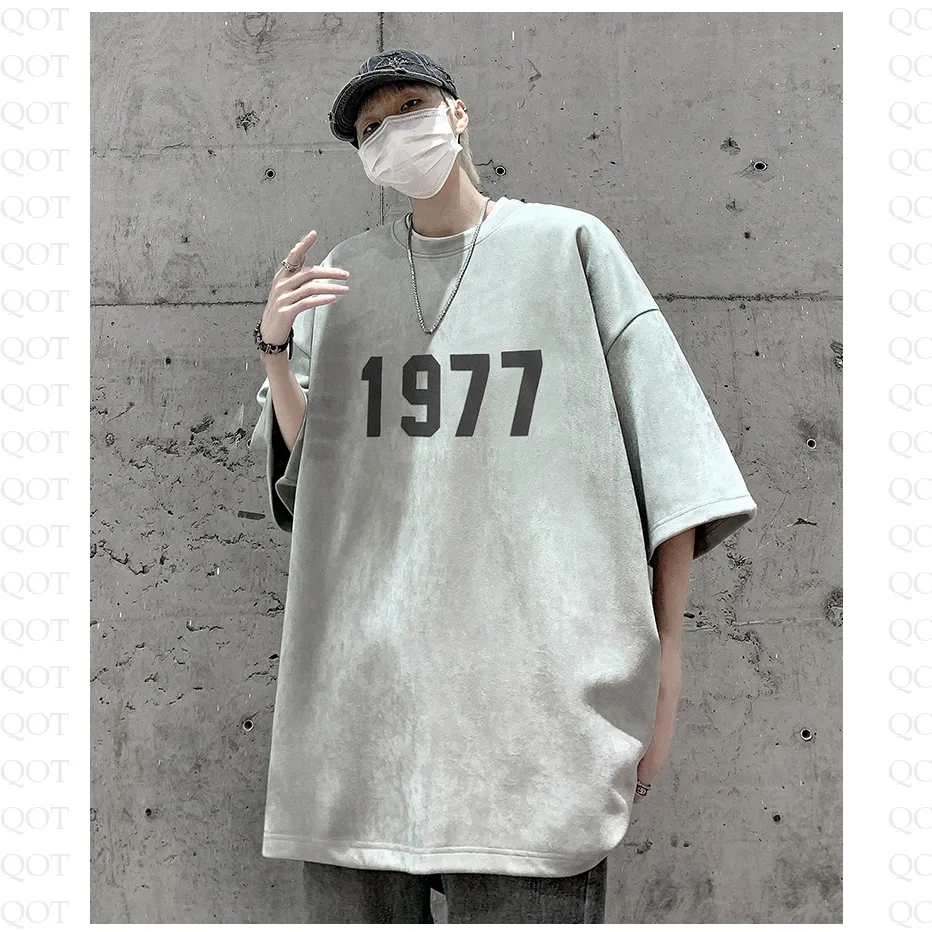 Round Neck Suede Drop Shoulder Numeric Print Short Sleeve Tee