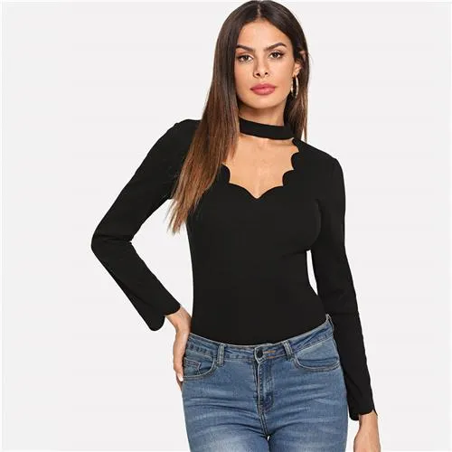 SHEIN Black Workwear Elegant Scallop Trim Solid V Neck Long Sleeve Skinny Tee 2018 New Autumn Minimalist Women T shirt And Top