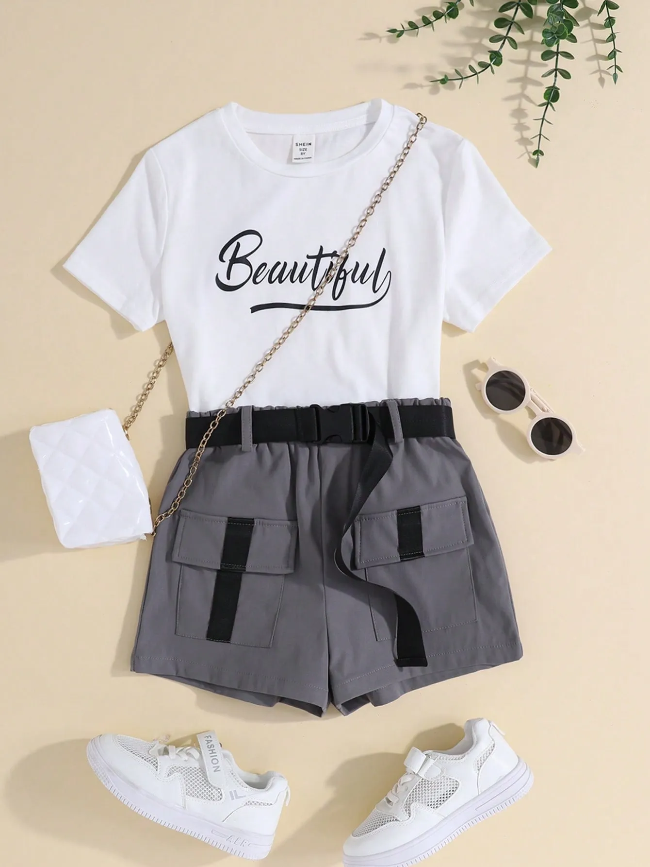 SHEIN Tween Girls' Knit Letter Print T-Shirt & Woven Utility Shorts Athletic Casual 2pcs Outfits