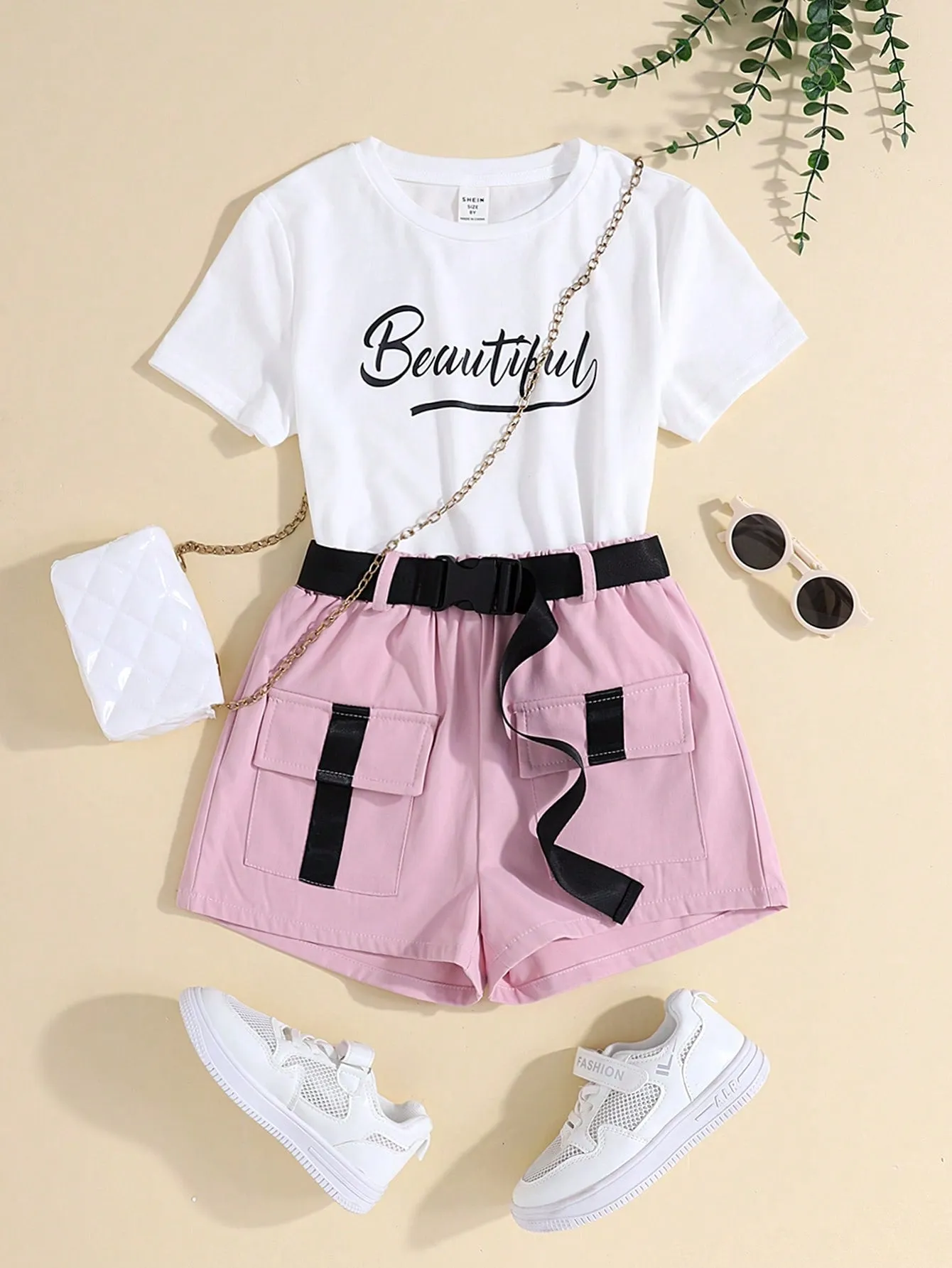 SHEIN Tween Girls' Knit Letter Print T-Shirt & Woven Utility Shorts Athletic Casual 2pcs Outfits