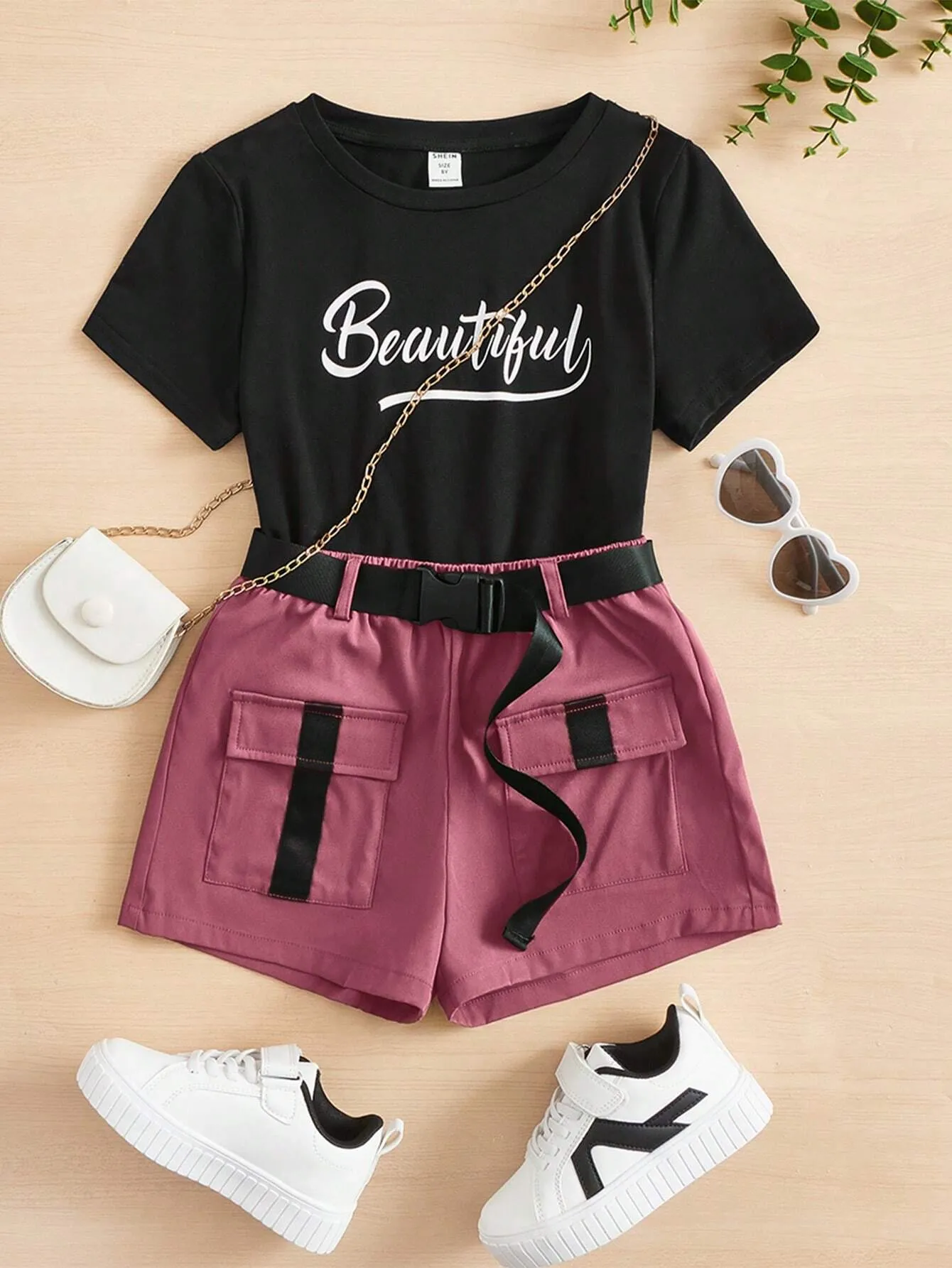 SHEIN Tween Girls' Knit Letter Print T-Shirt & Woven Utility Shorts Athletic Casual 2pcs Outfits