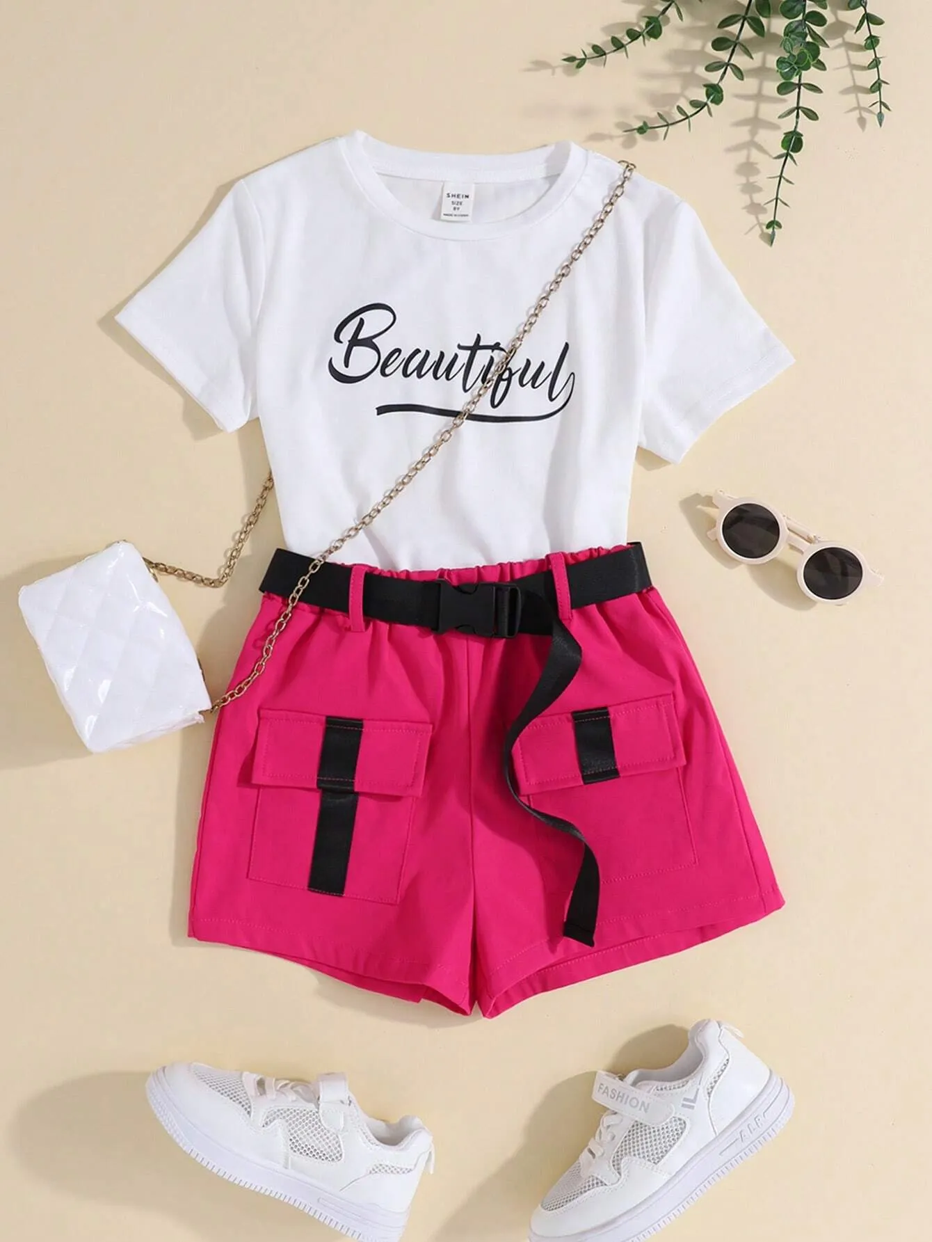 SHEIN Tween Girls' Knit Letter Print T-Shirt & Woven Utility Shorts Athletic Casual 2pcs Outfits