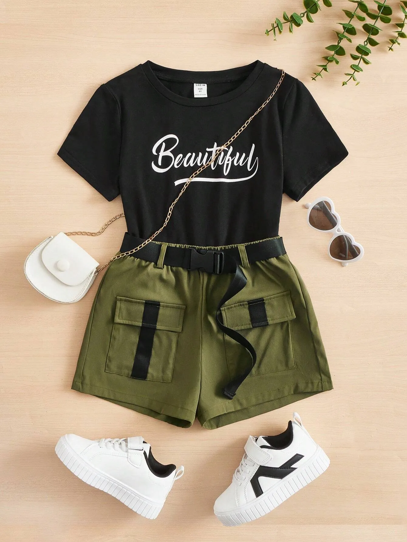 SHEIN Tween Girls' Knit Letter Print T-Shirt & Woven Utility Shorts Athletic Casual 2pcs Outfits