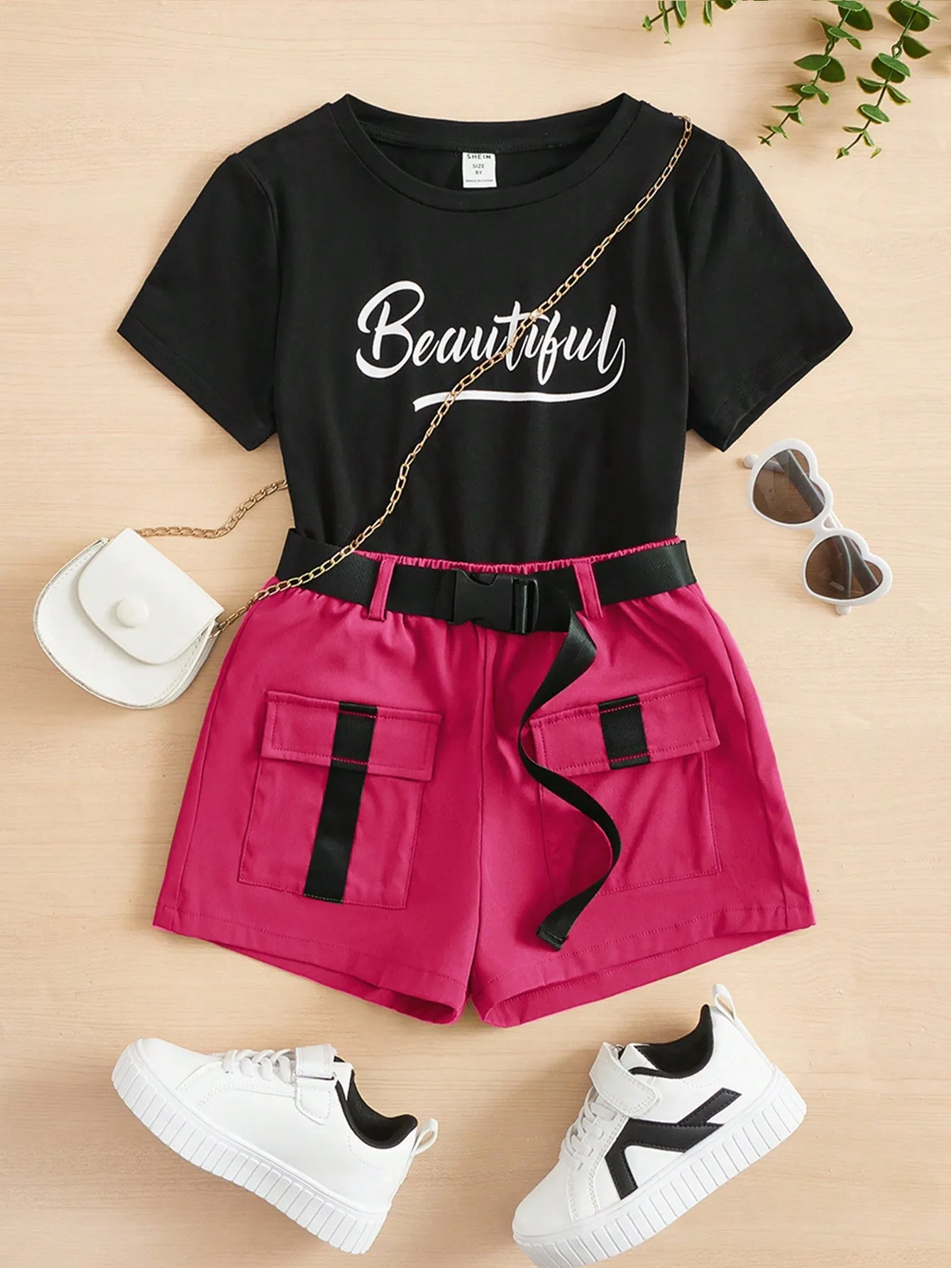 SHEIN Tween Girls' Knit Letter Print T-Shirt & Woven Utility Shorts Athletic Casual 2pcs Outfits