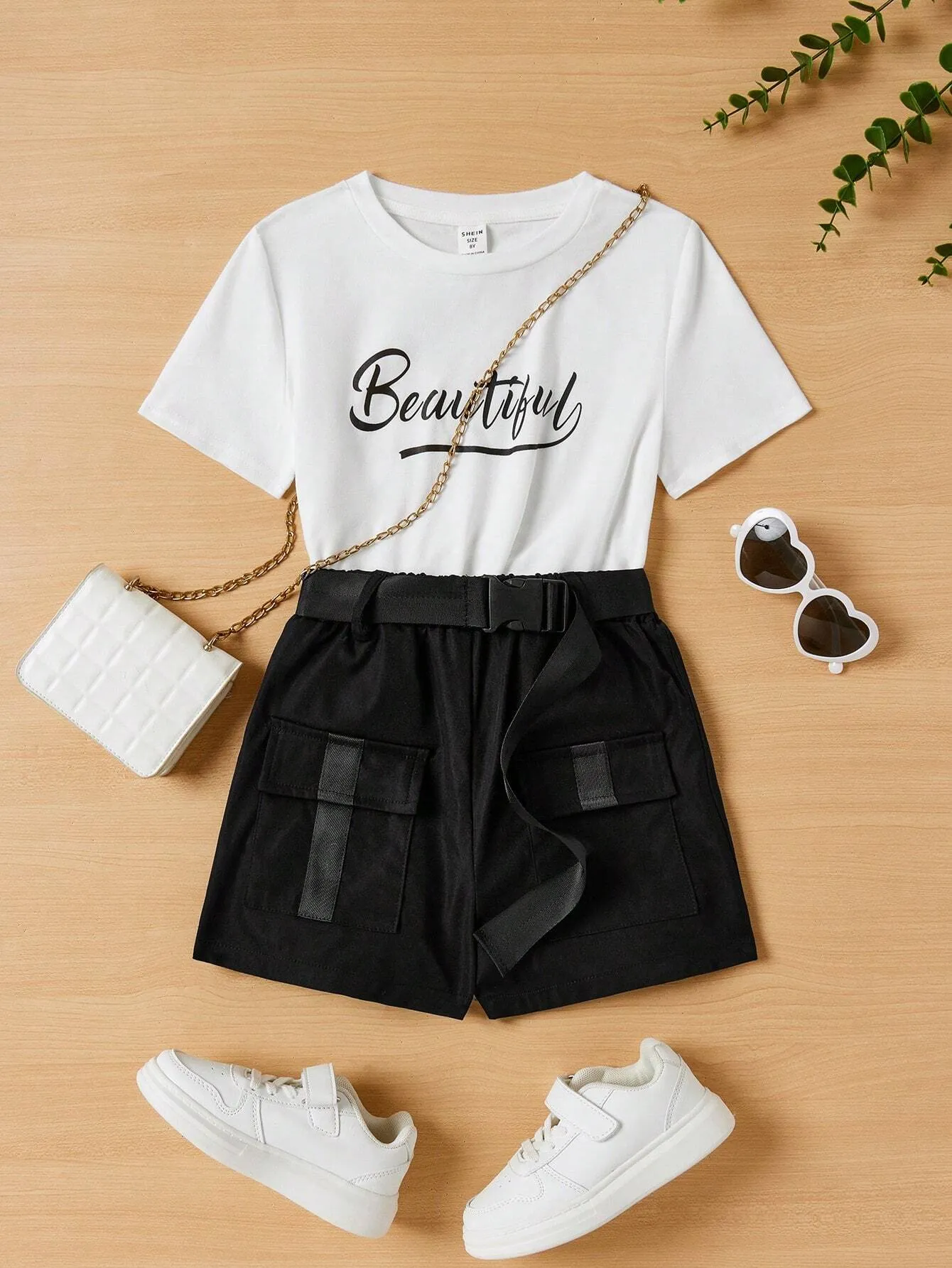 SHEIN Tween Girls' Knit Letter Print T-Shirt & Woven Utility Shorts Athletic Casual 2pcs Outfits