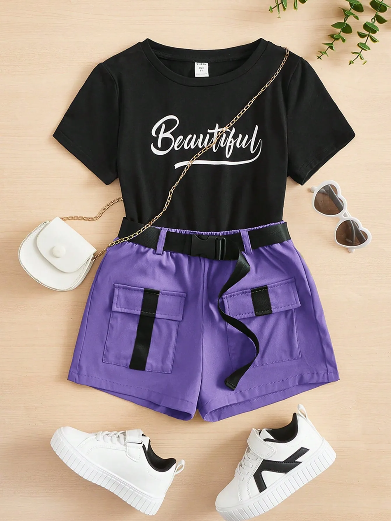 SHEIN Tween Girls' Knit Letter Print T-Shirt & Woven Utility Shorts Athletic Casual 2pcs Outfits