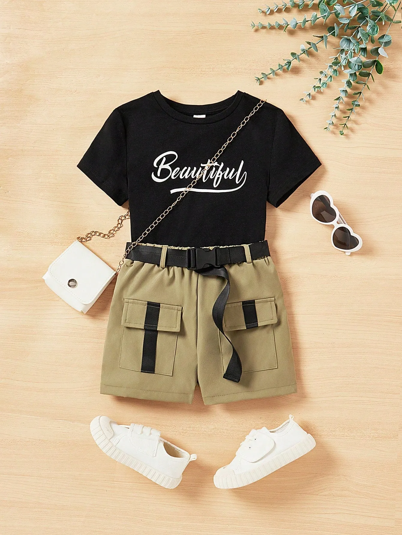 SHEIN Tween Girls' Knit Letter Print T-Shirt & Woven Utility Shorts Athletic Casual 2pcs Outfits