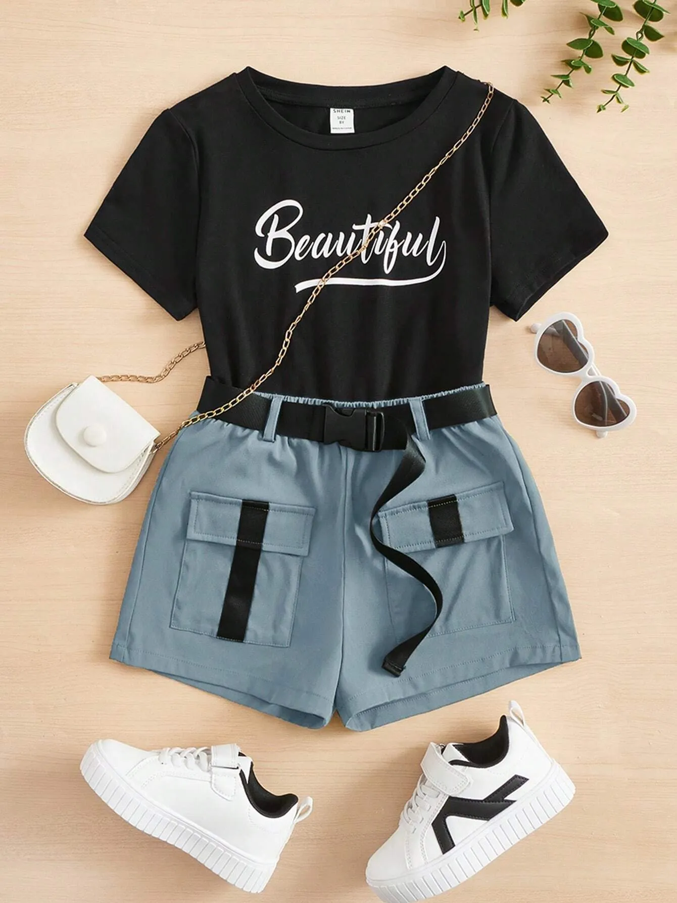 SHEIN Tween Girls' Knit Letter Print T-Shirt & Woven Utility Shorts Athletic Casual 2pcs Outfits