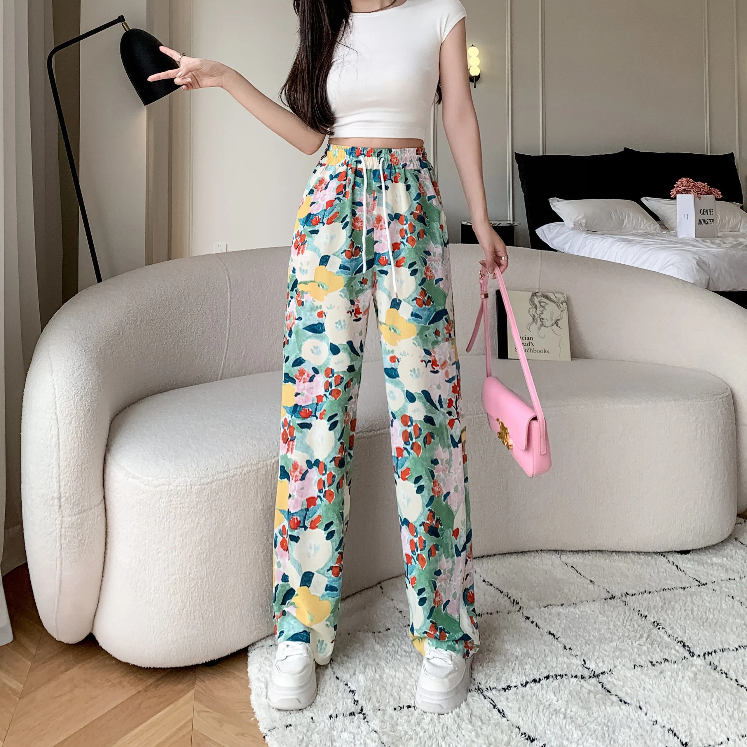 Silky Loose-Fit Draping High-Waisted Chiffon Slimming Drawstring Print Versatile Pants