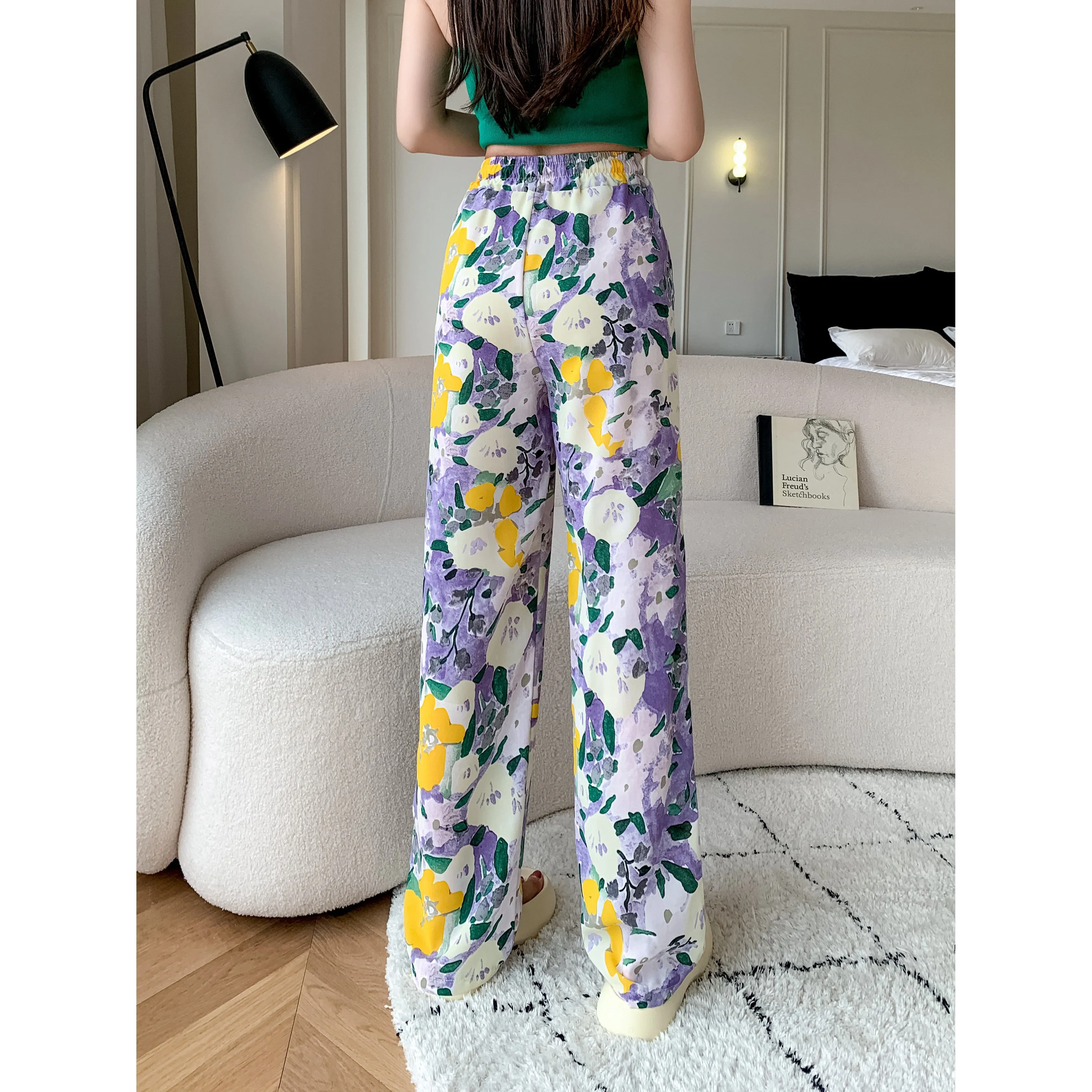 Silky Loose-Fit Draping High-Waisted Chiffon Slimming Drawstring Print Versatile Pants