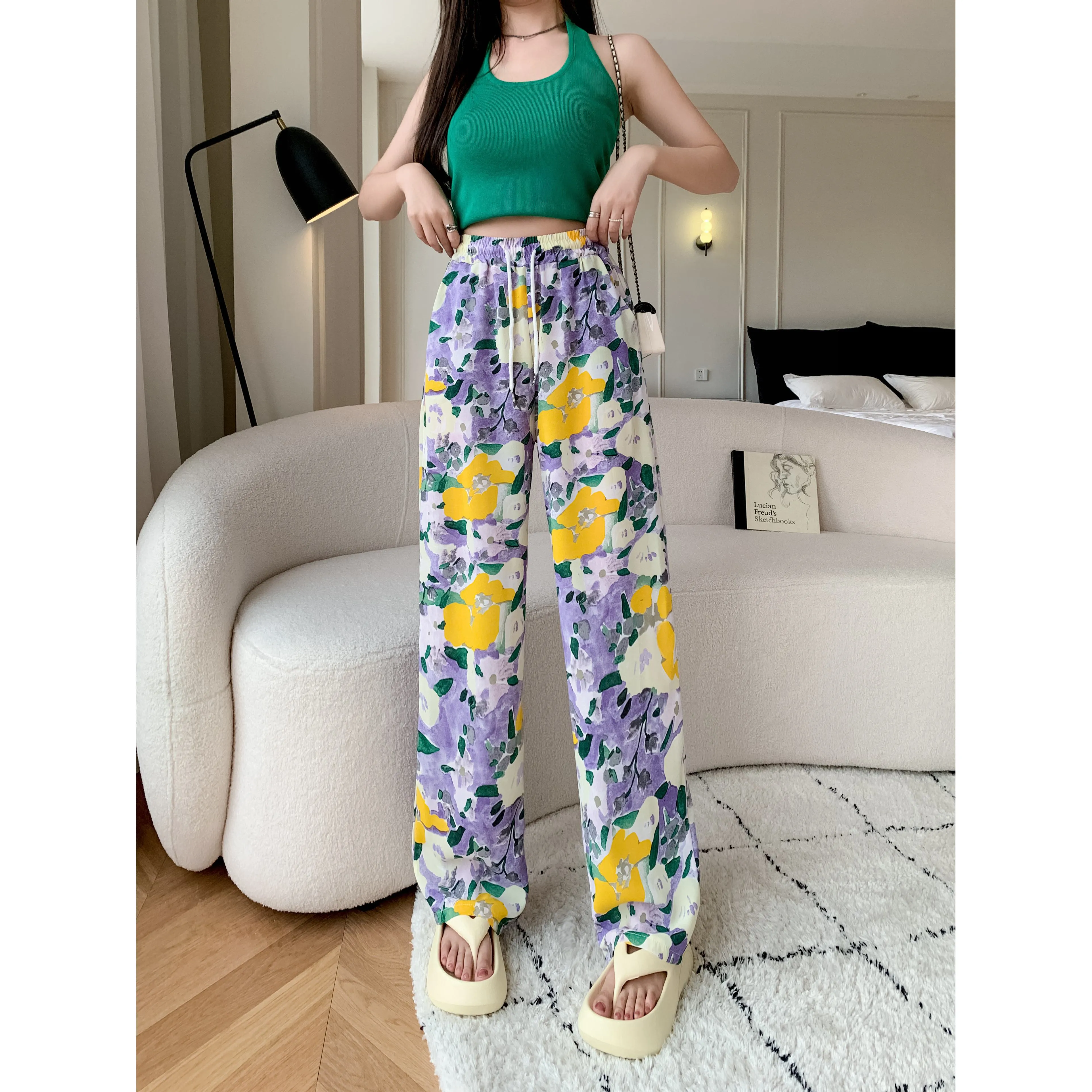 Silky Loose-Fit Draping High-Waisted Chiffon Slimming Drawstring Print Versatile Pants