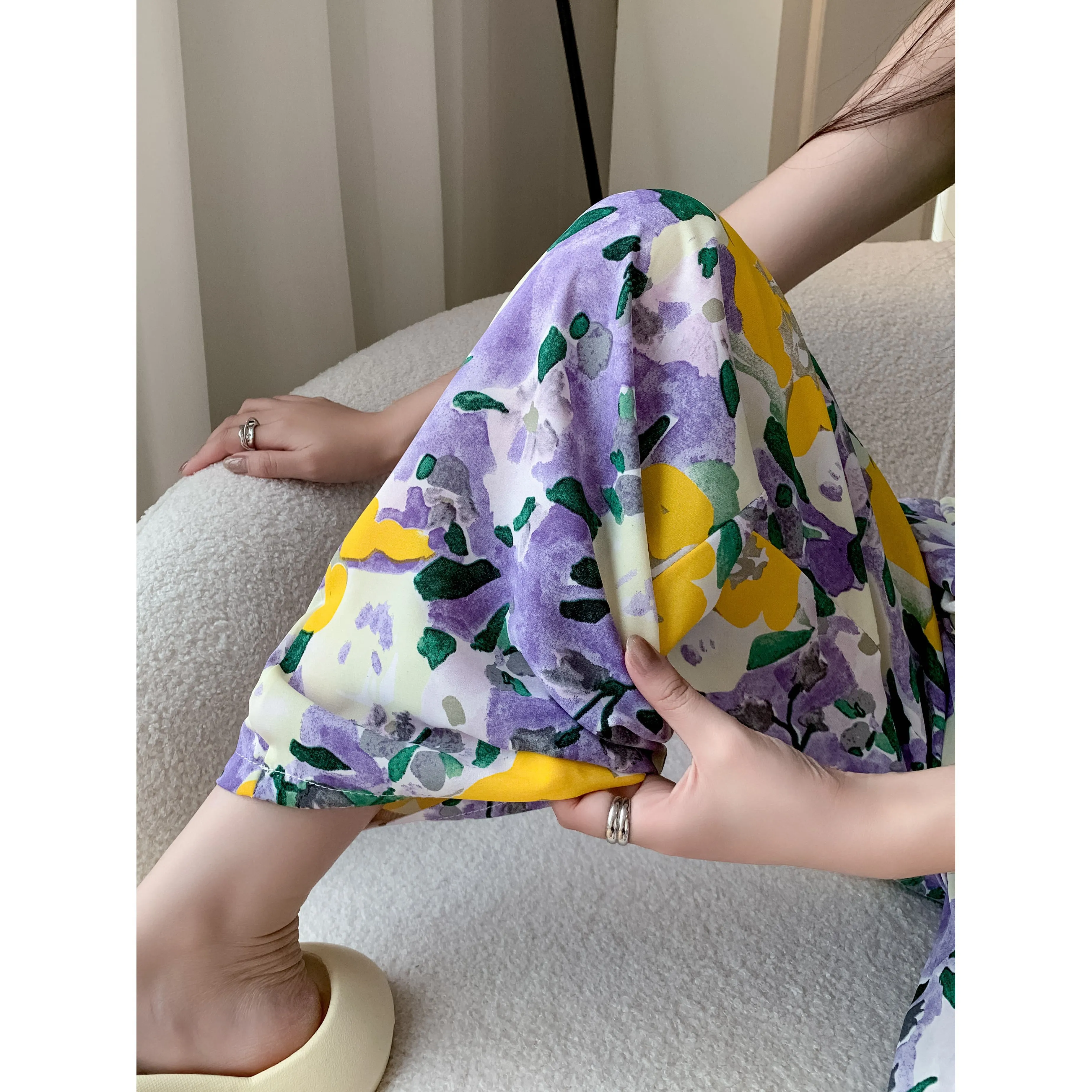 Silky Loose-Fit Draping High-Waisted Chiffon Slimming Drawstring Print Versatile Pants