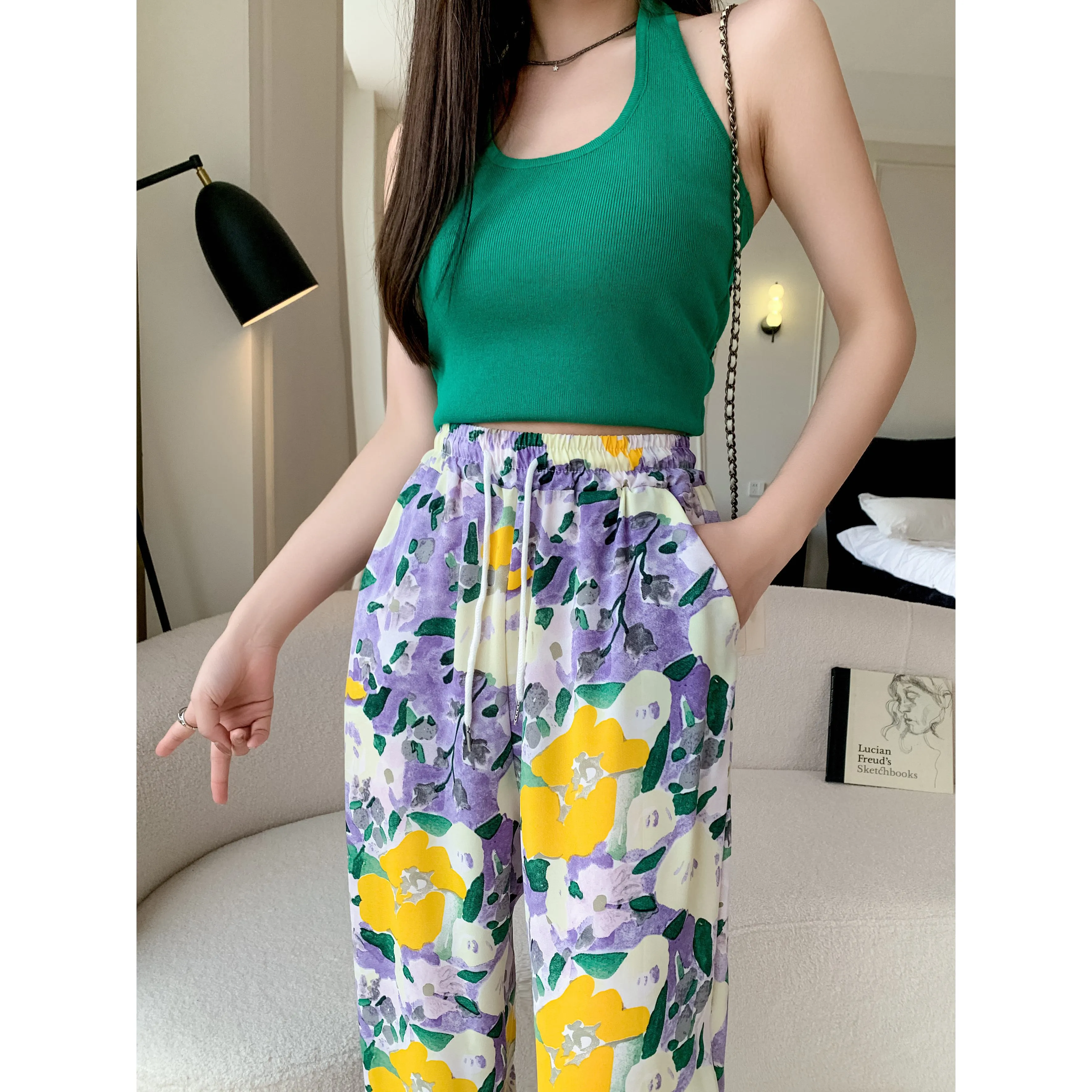 Silky Loose-Fit Draping High-Waisted Chiffon Slimming Drawstring Print Versatile Pants