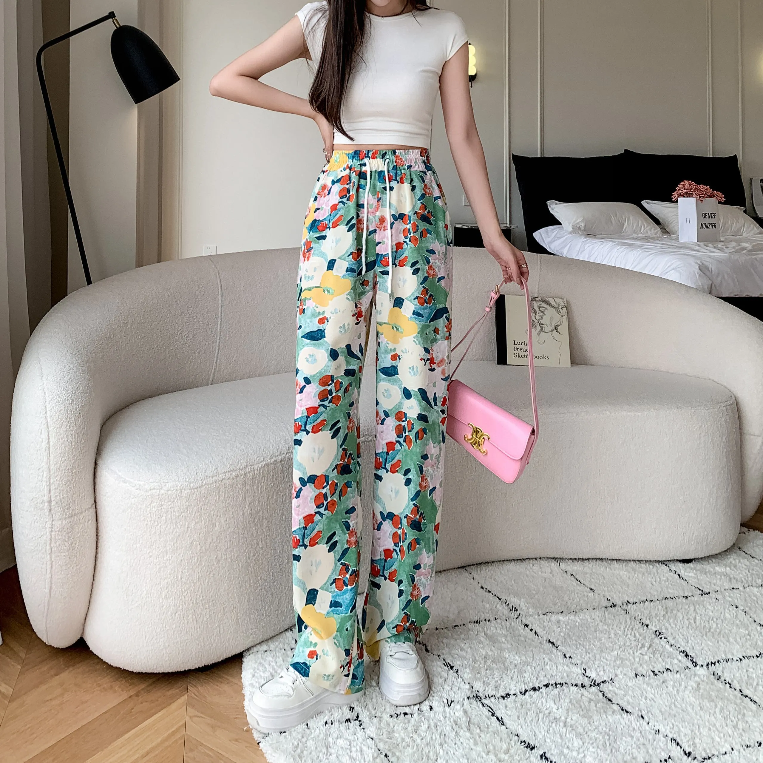 Silky Loose-Fit Draping High-Waisted Chiffon Slimming Drawstring Print Versatile Pants