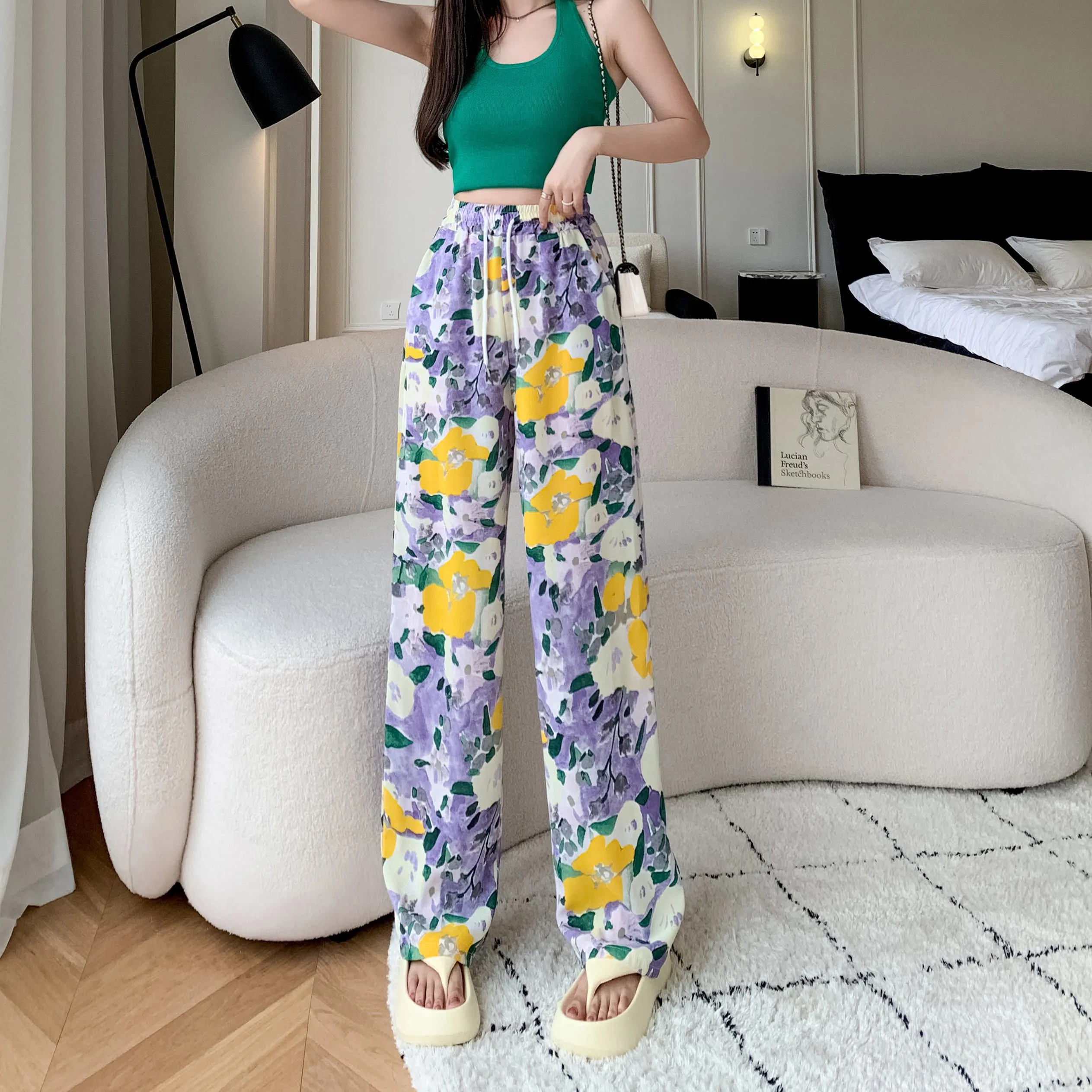 Silky Loose-Fit Draping High-Waisted Chiffon Slimming Drawstring Print Versatile Pants