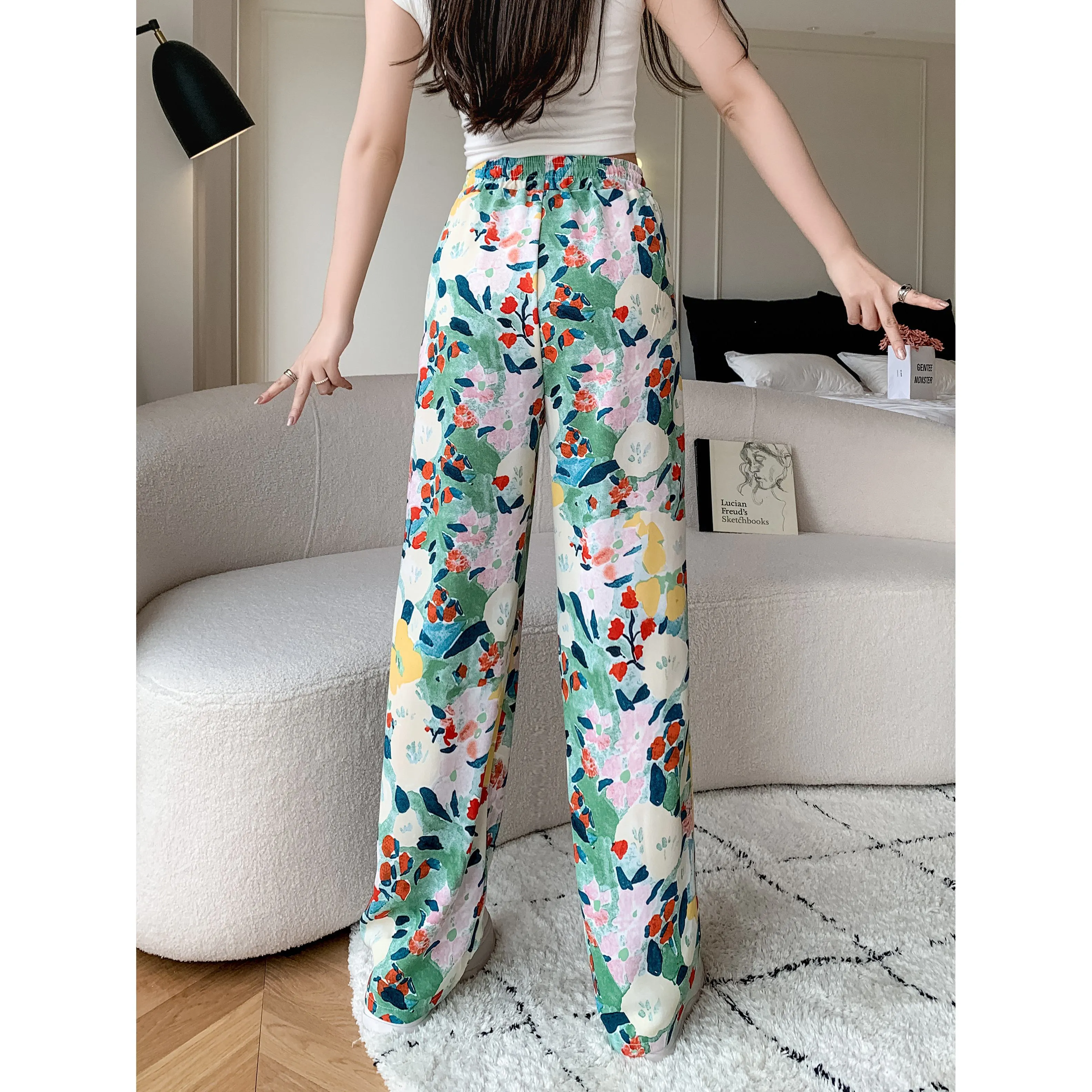 Silky Loose-Fit Draping High-Waisted Chiffon Slimming Drawstring Print Versatile Pants