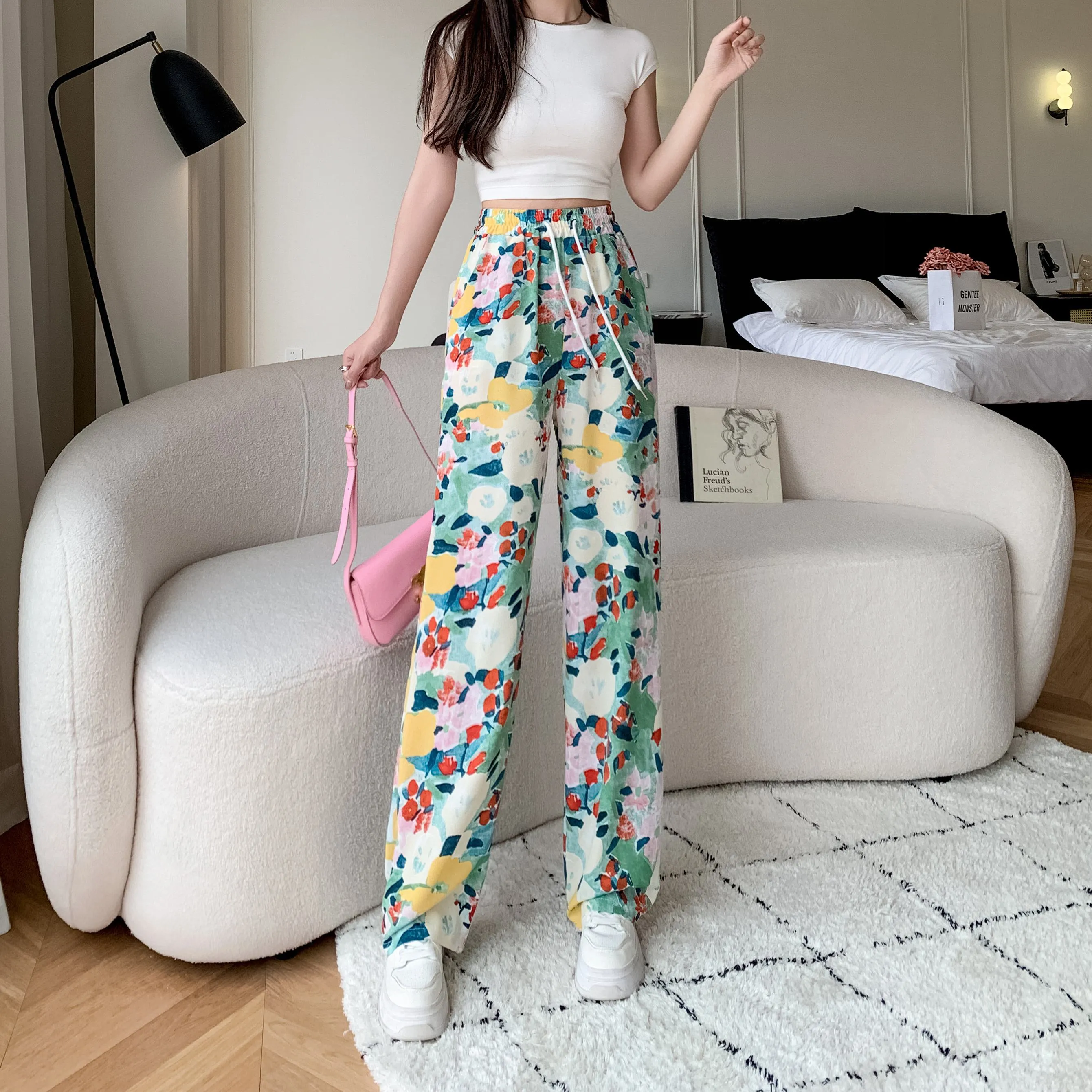 Silky Loose-Fit Draping High-Waisted Chiffon Slimming Drawstring Print Versatile Pants