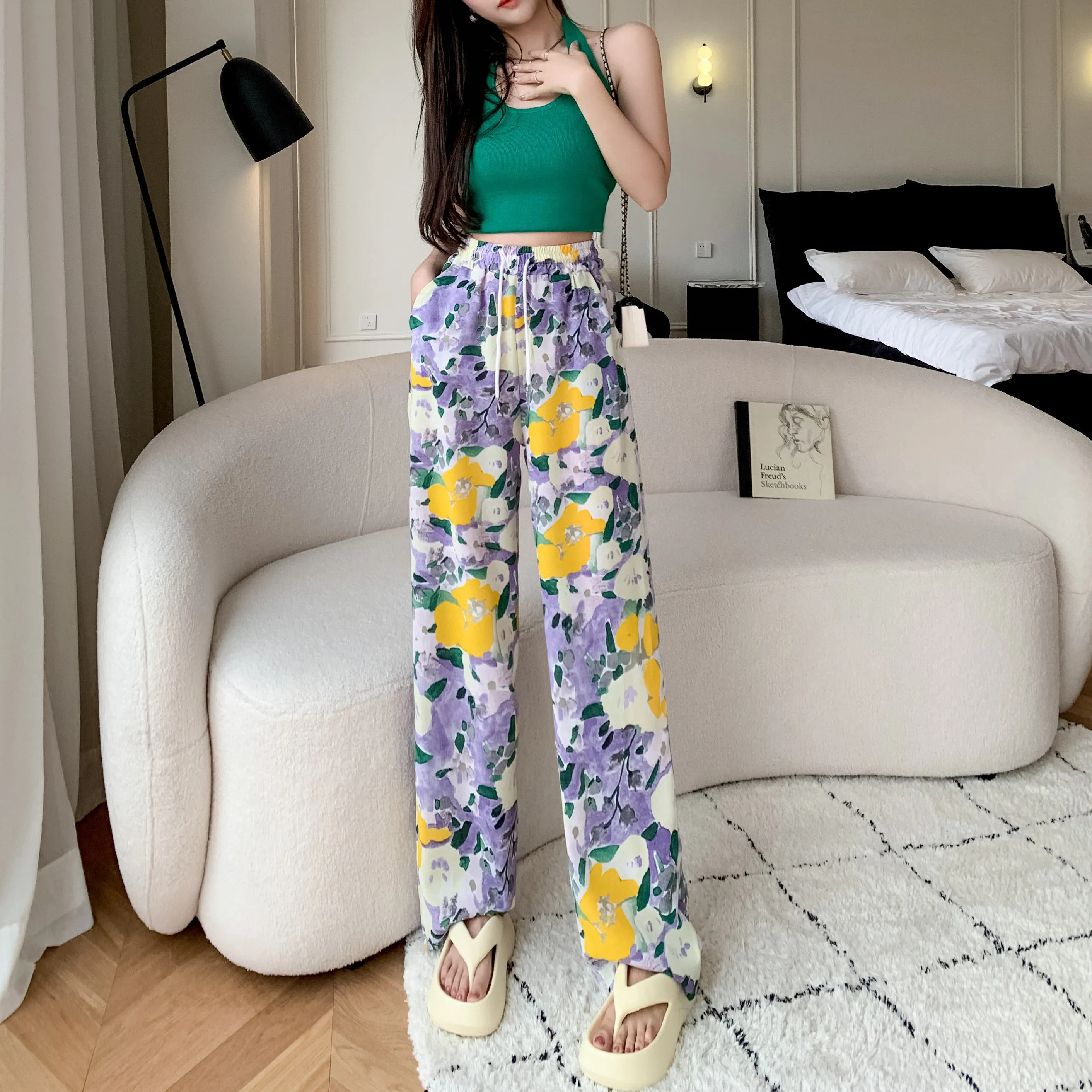 Silky Loose-Fit Draping High-Waisted Chiffon Slimming Drawstring Print Versatile Pants