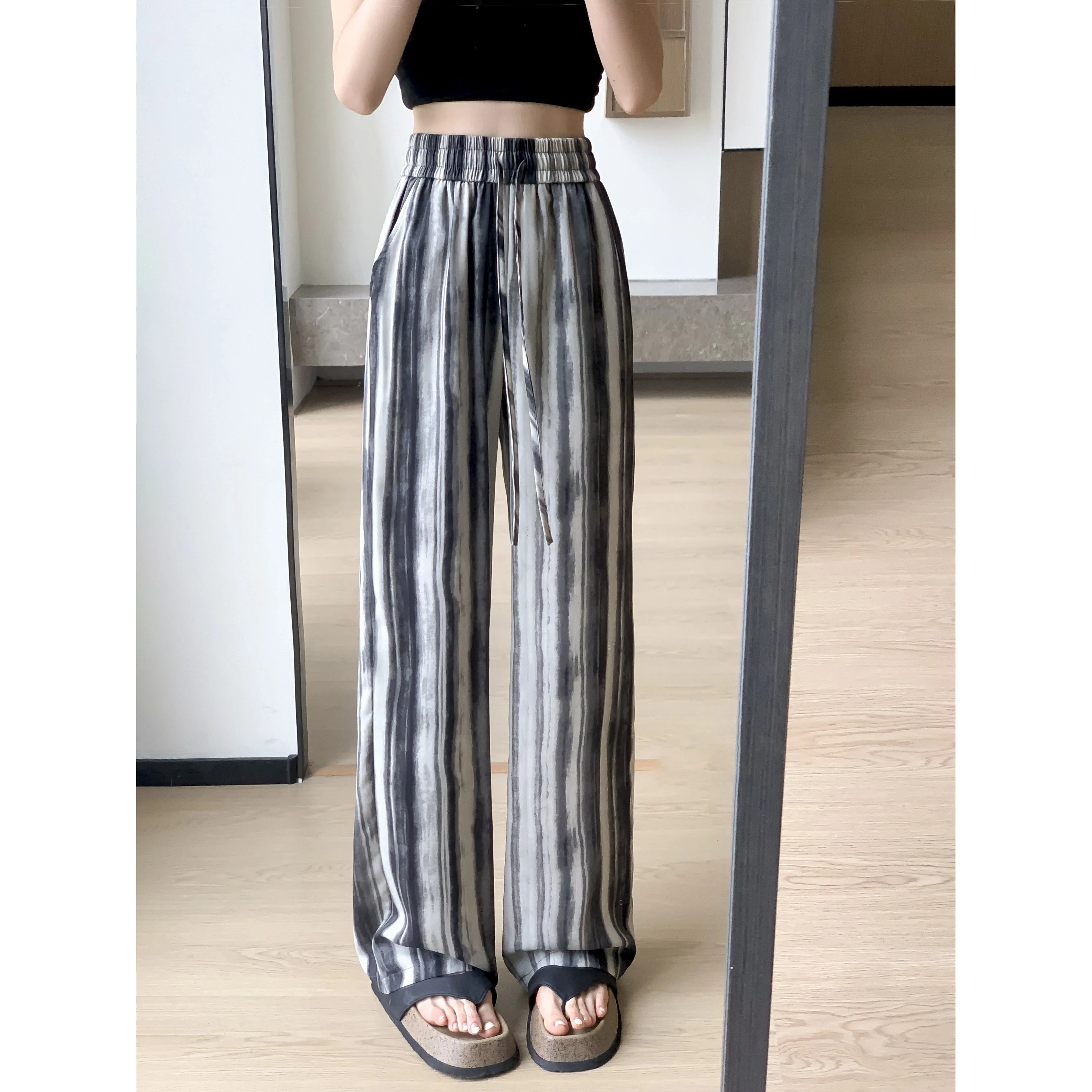 Silky Loose-Fit Draping High-Waisted Stripe Casual Straight Leg Pants