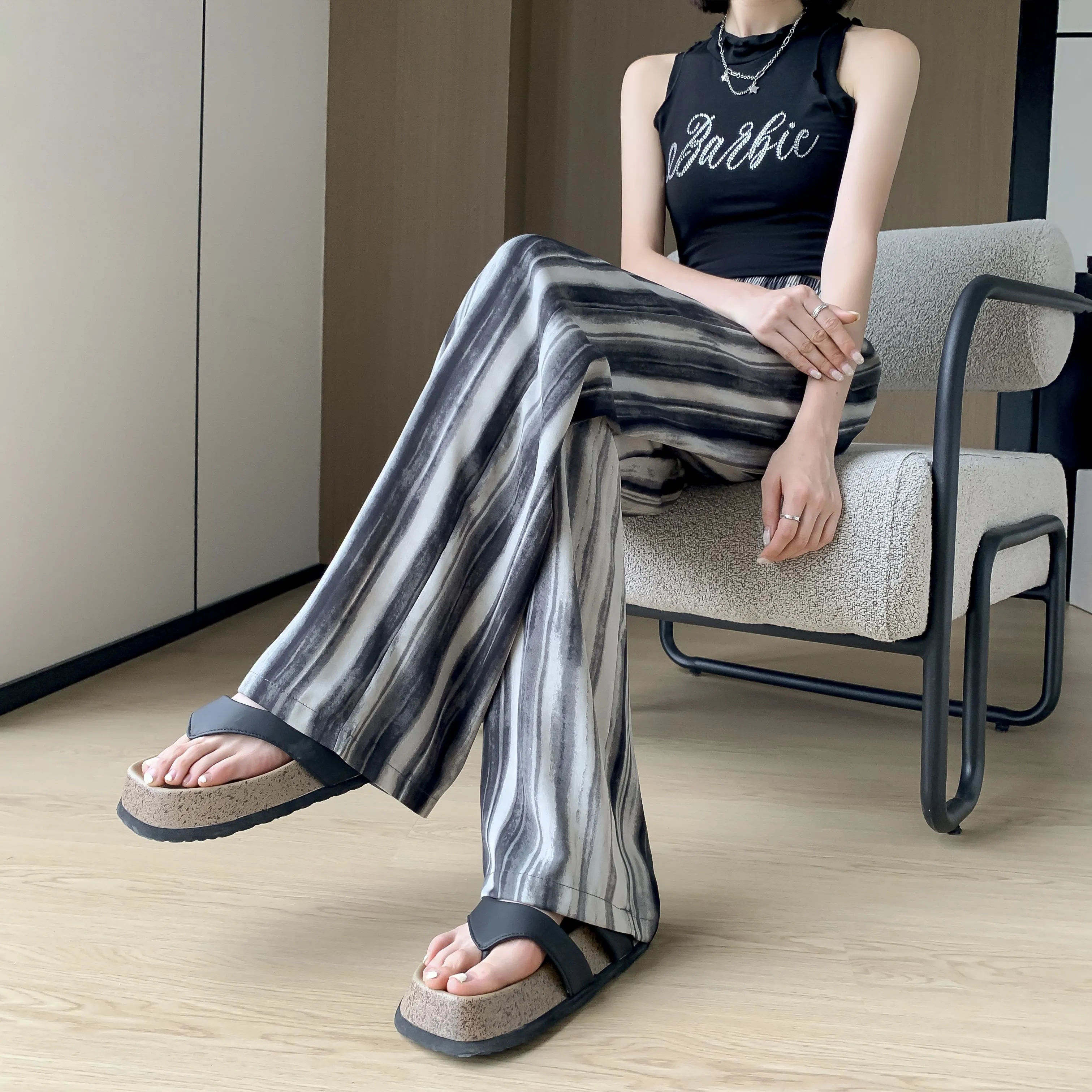 Silky Loose-Fit Draping High-Waisted Stripe Casual Straight Leg Pants