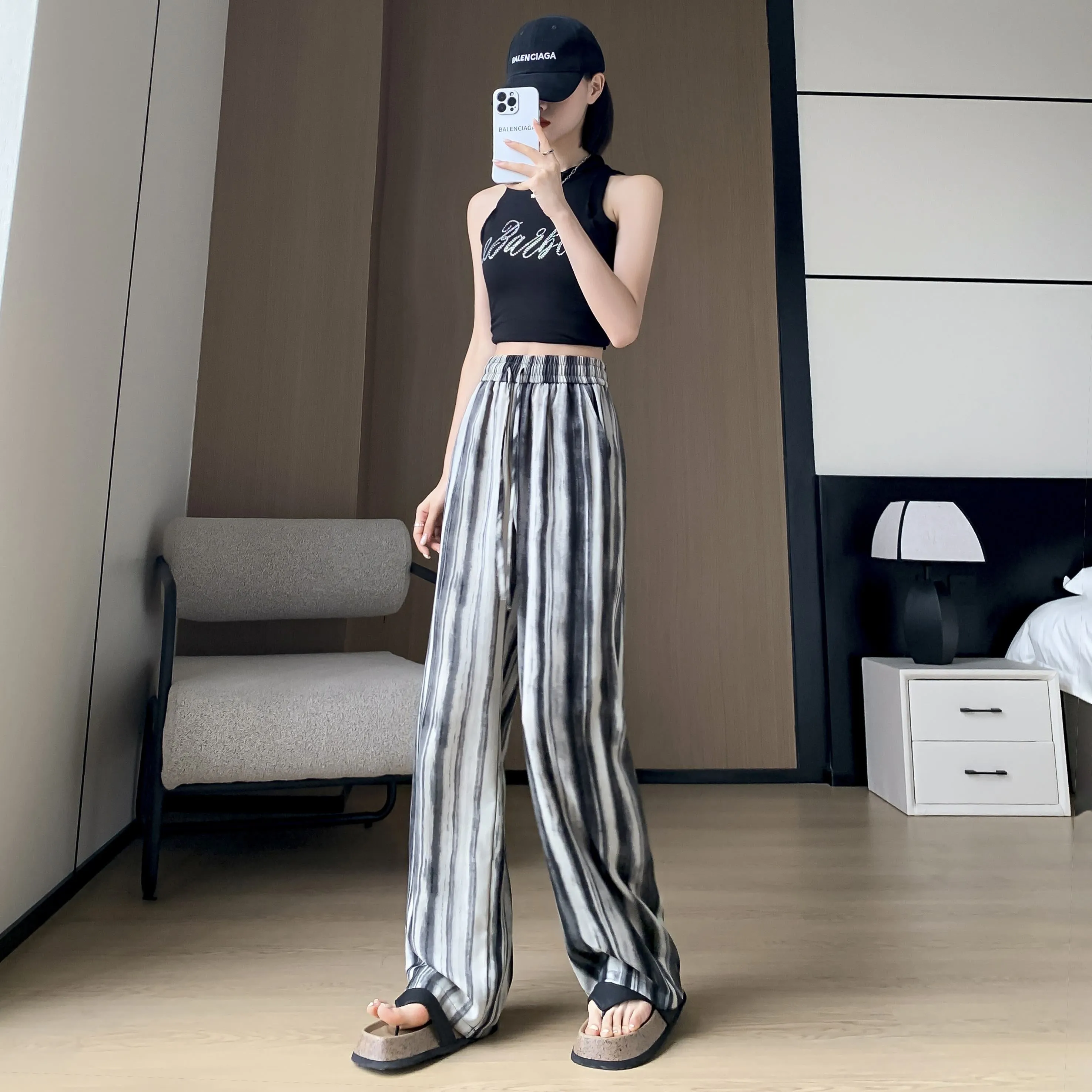 Silky Loose-Fit Draping High-Waisted Stripe Casual Straight Leg Pants