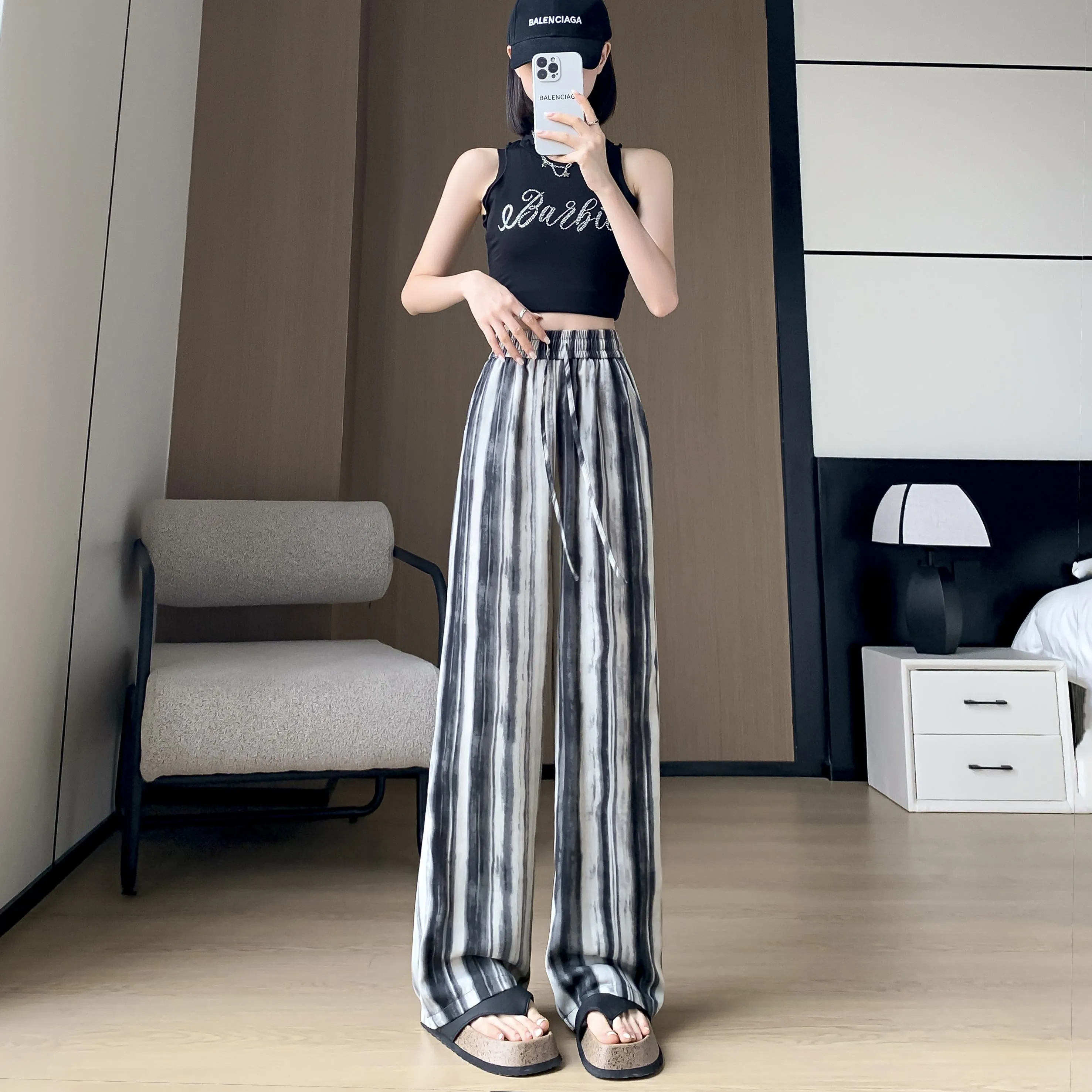 Silky Loose-Fit Draping High-Waisted Stripe Casual Straight Leg Pants