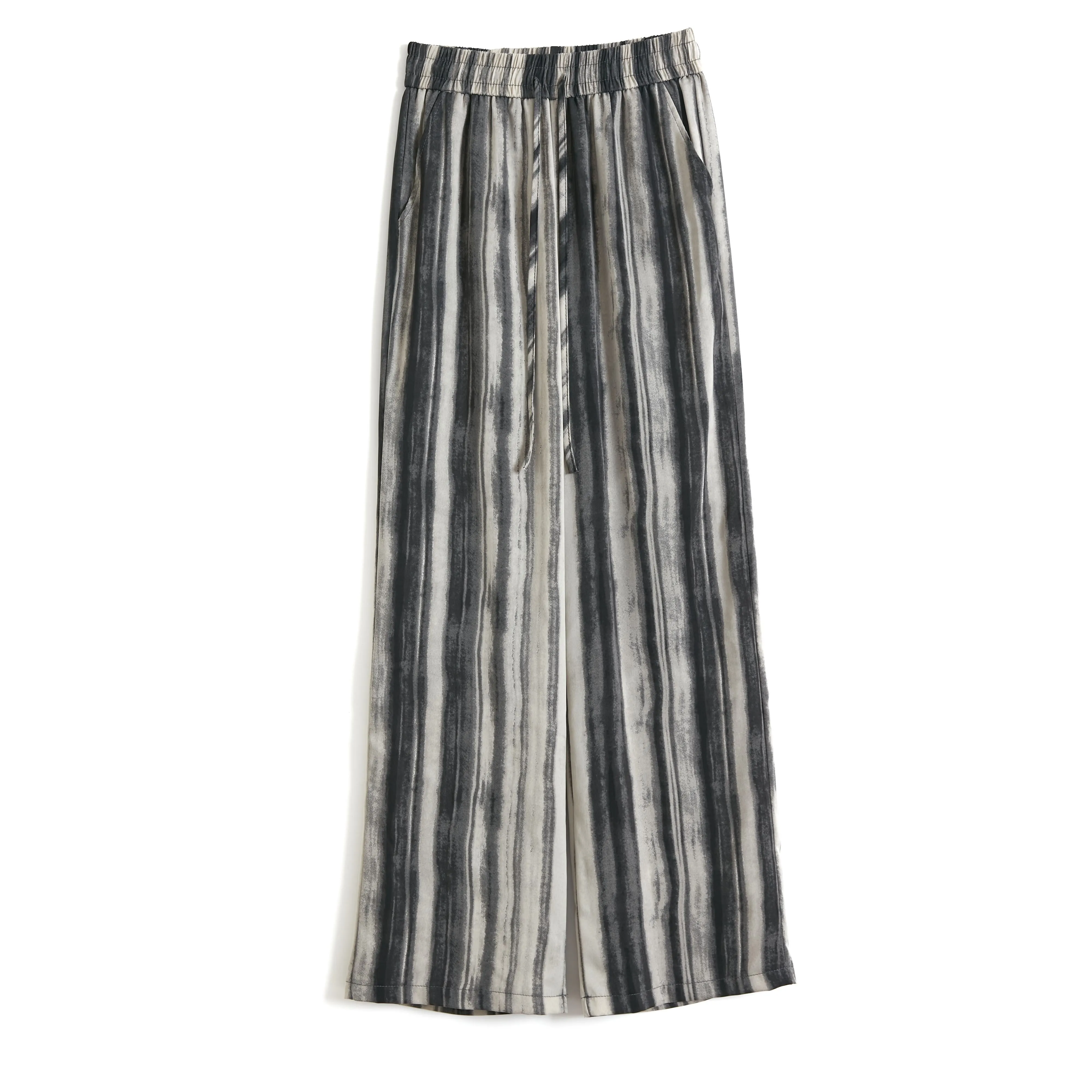 Silky Loose-Fit Draping High-Waisted Stripe Casual Straight Leg Pants