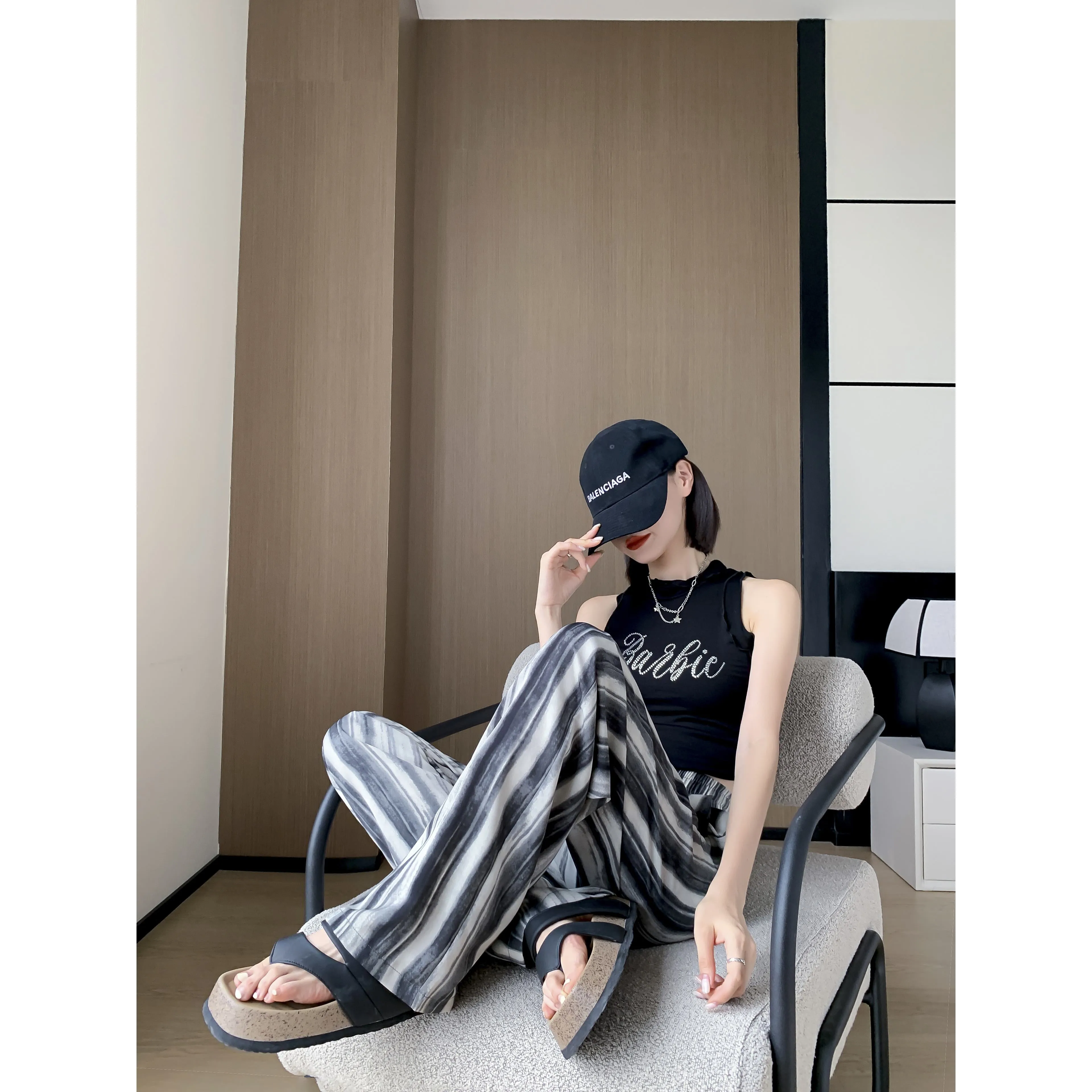 Silky Loose-Fit Draping High-Waisted Stripe Casual Straight Leg Pants