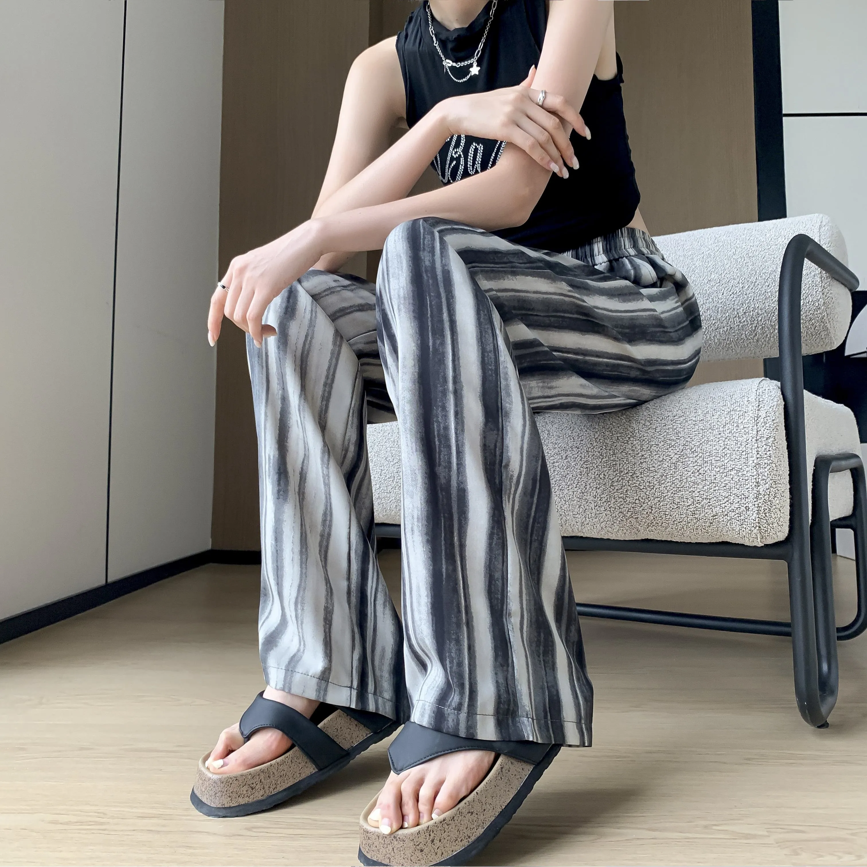 Silky Loose-Fit Draping High-Waisted Stripe Casual Straight Leg Pants