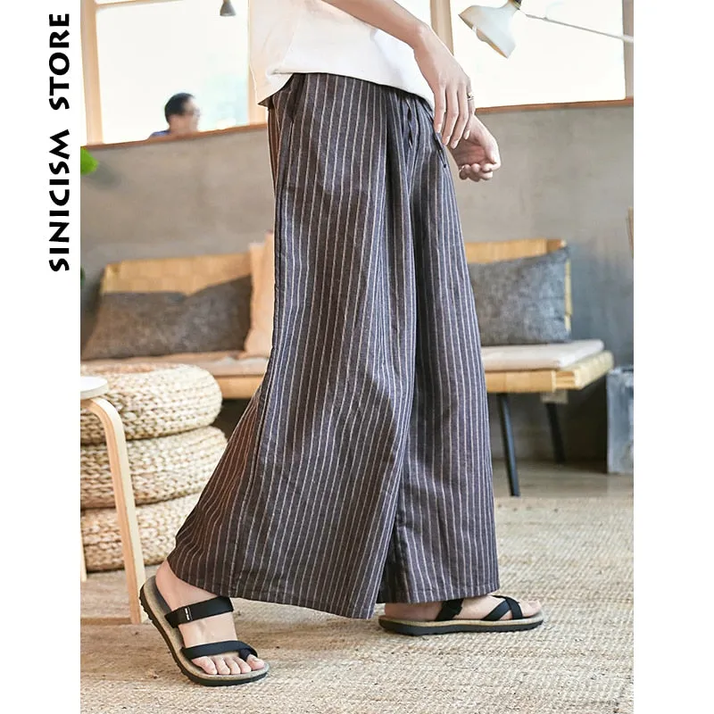 Sinicism Store Man Cotton Linen Wild Leg Pants Men Casual Stripe Straight Pants 2018 Male Full-Length Traditional Pants Trousers